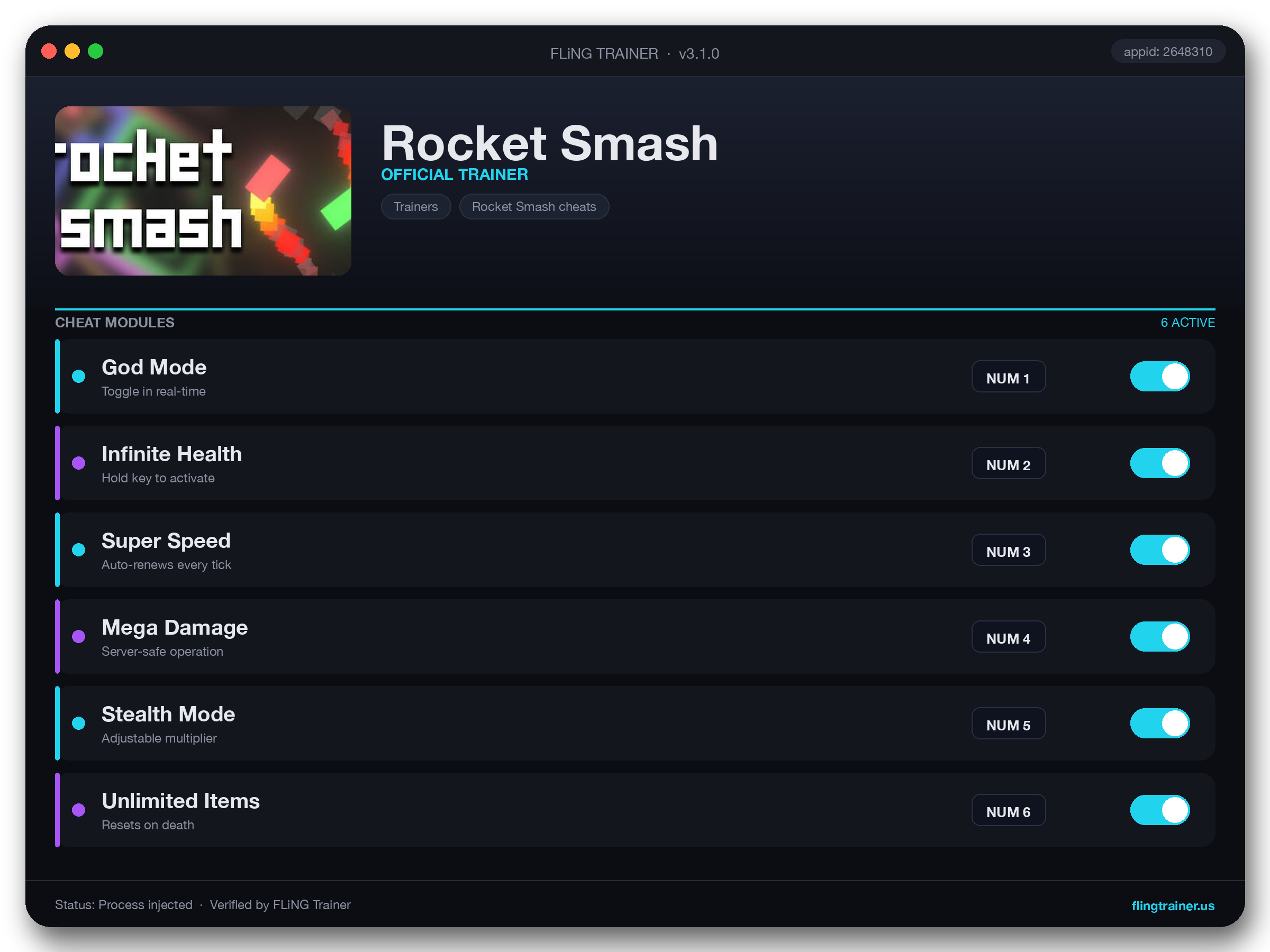 Rocket Smash Trainer interface