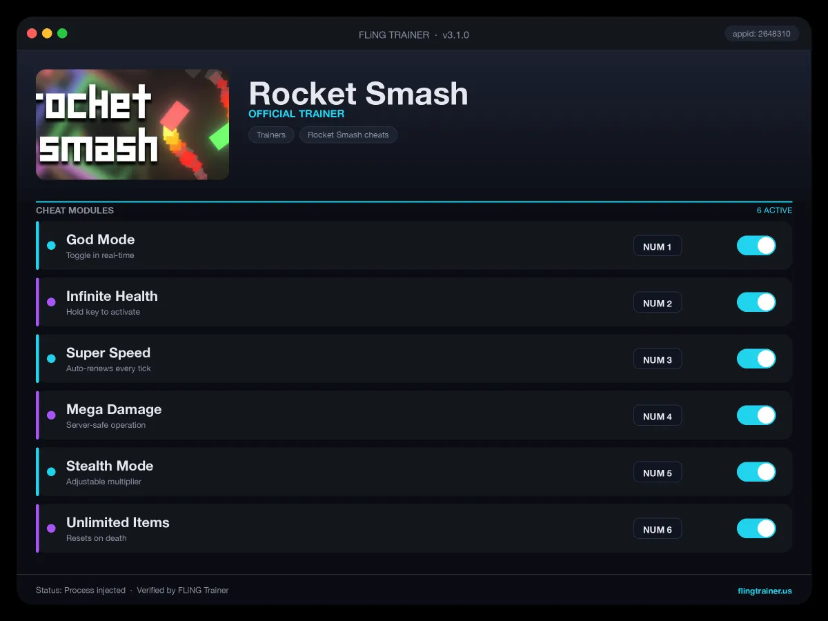 Rocket Smash Trainer interface