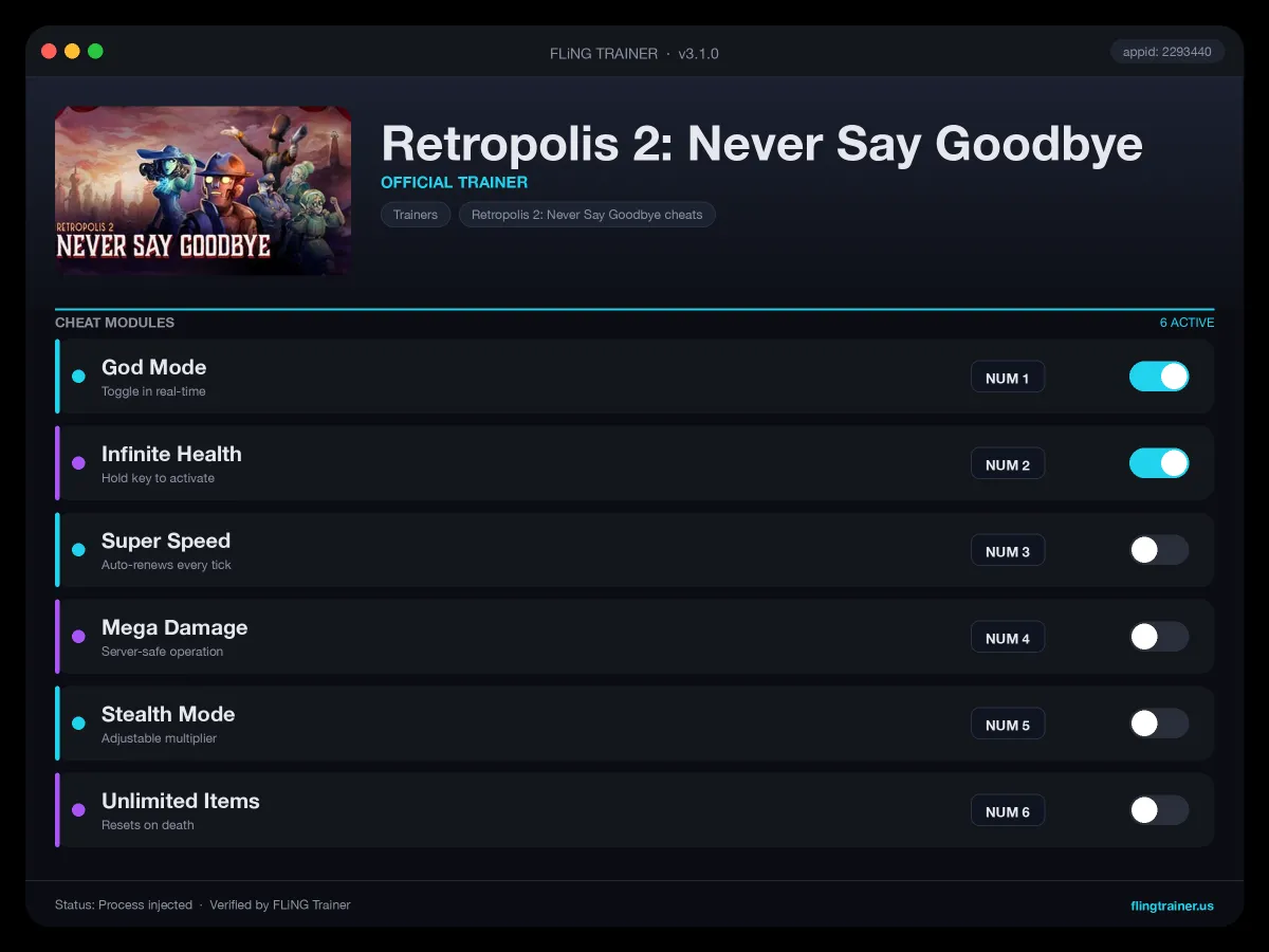 Retropolis 2: Never Say Goodbye Trainer interface