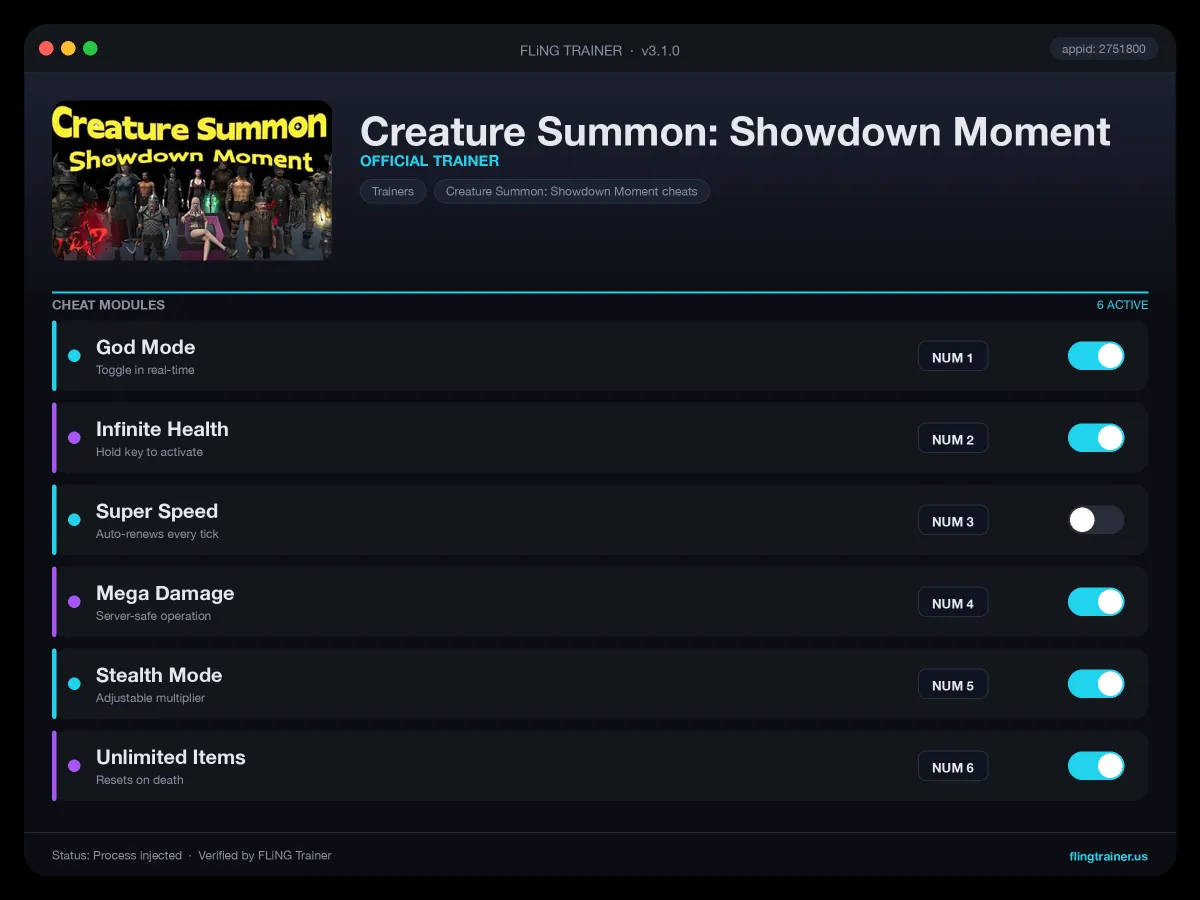 Creature Summon: Showdown Moment Trainer interface