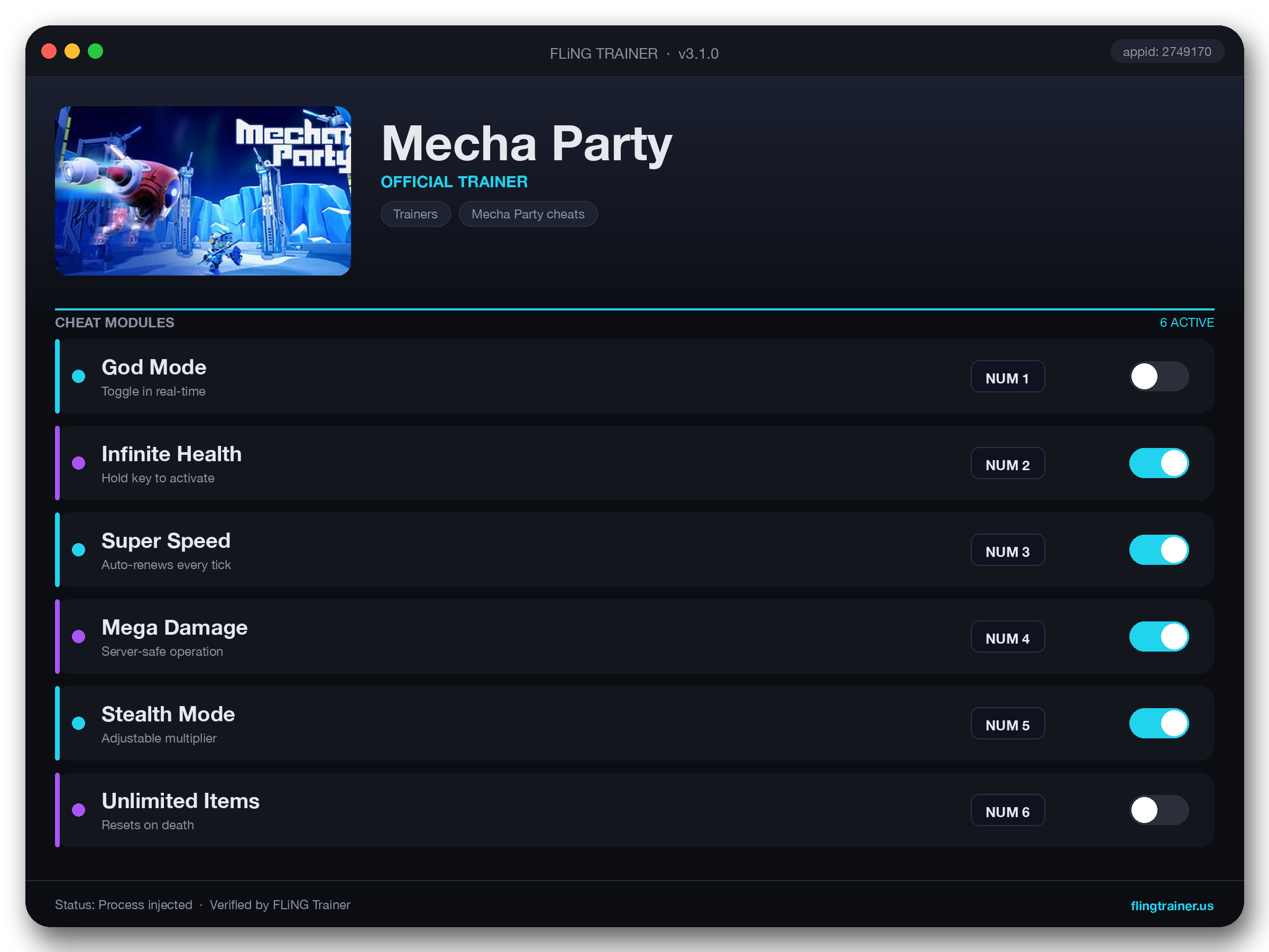 Mecha Party Trainer interface
