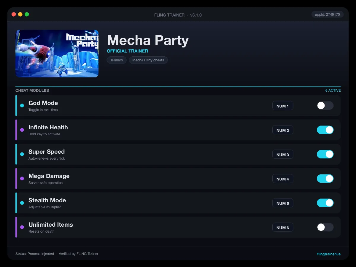 Mecha Party Trainer interface