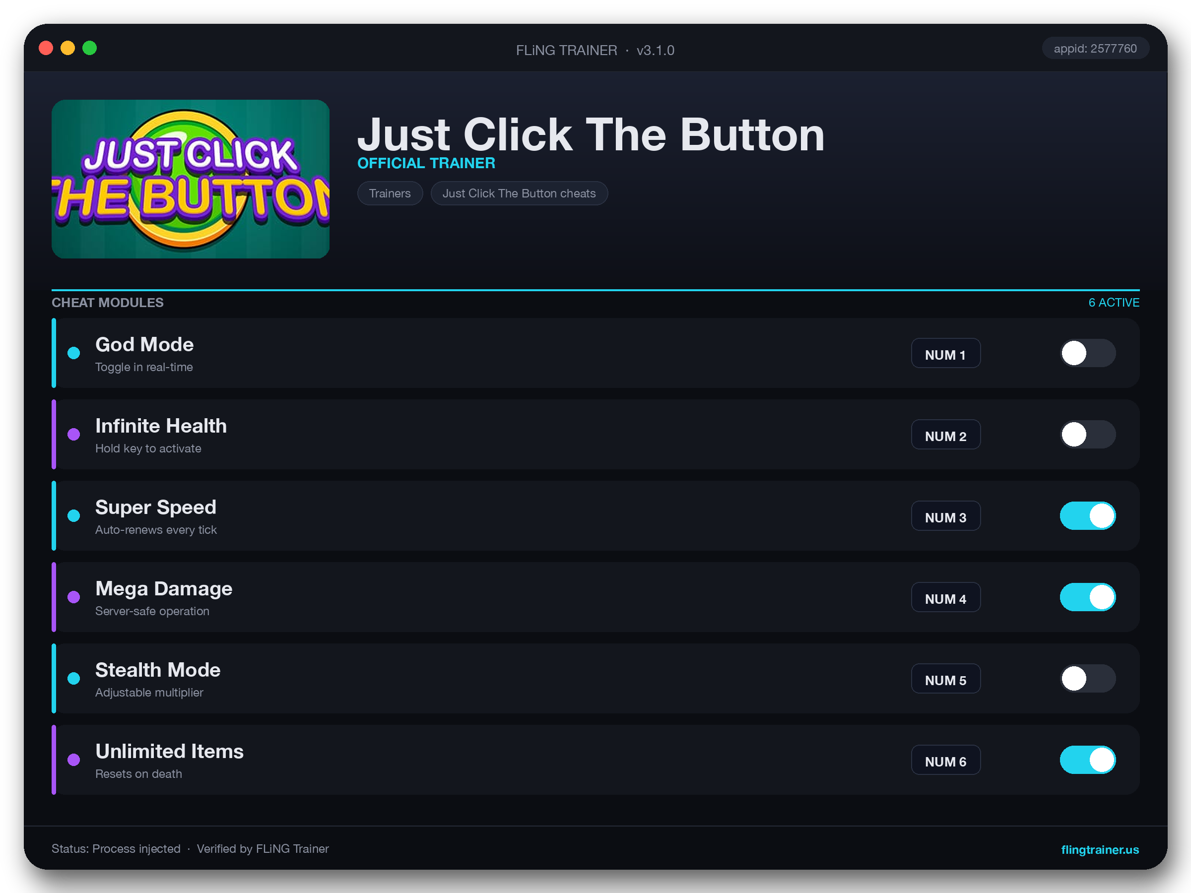 Just Click The Button Trainer interface