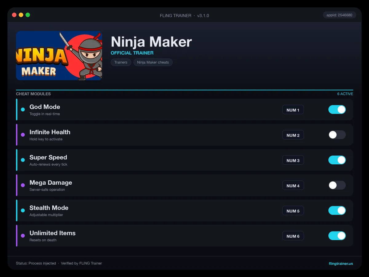 Ninja Maker Trainer interface