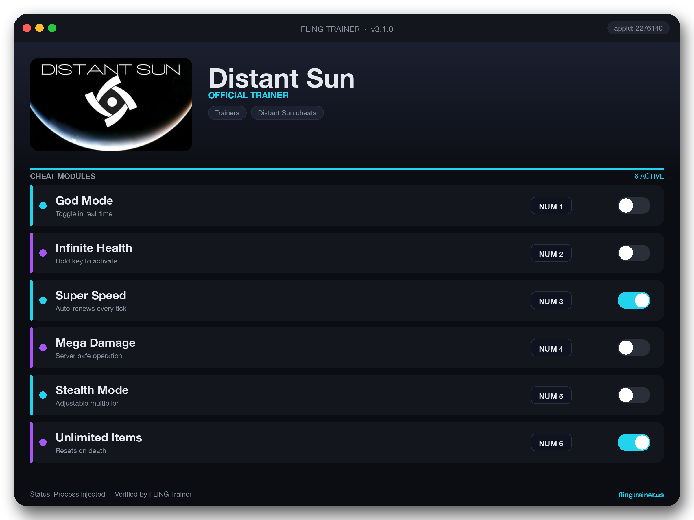 Distant Sun Trainer interface