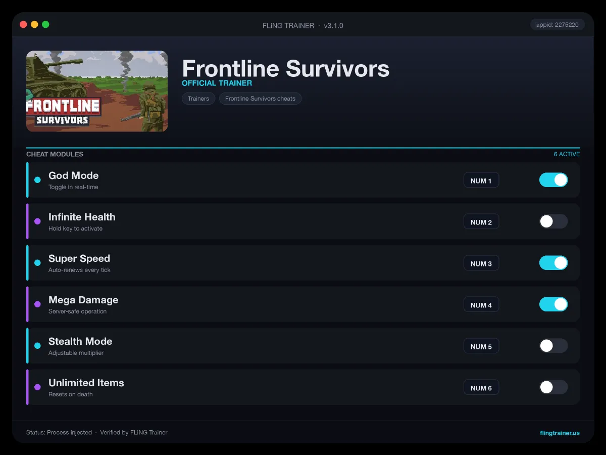 Frontline Survivors Trainer interface