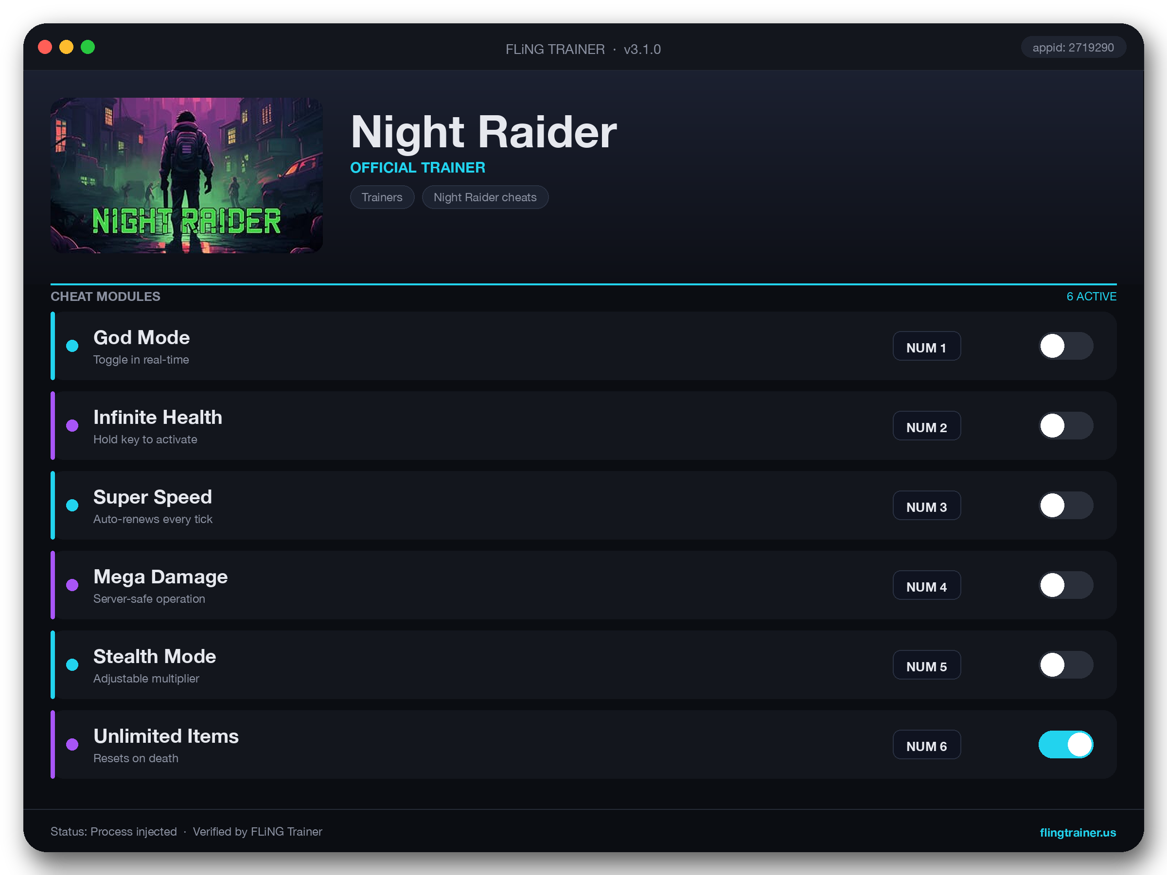 Night Raider Trainer interface