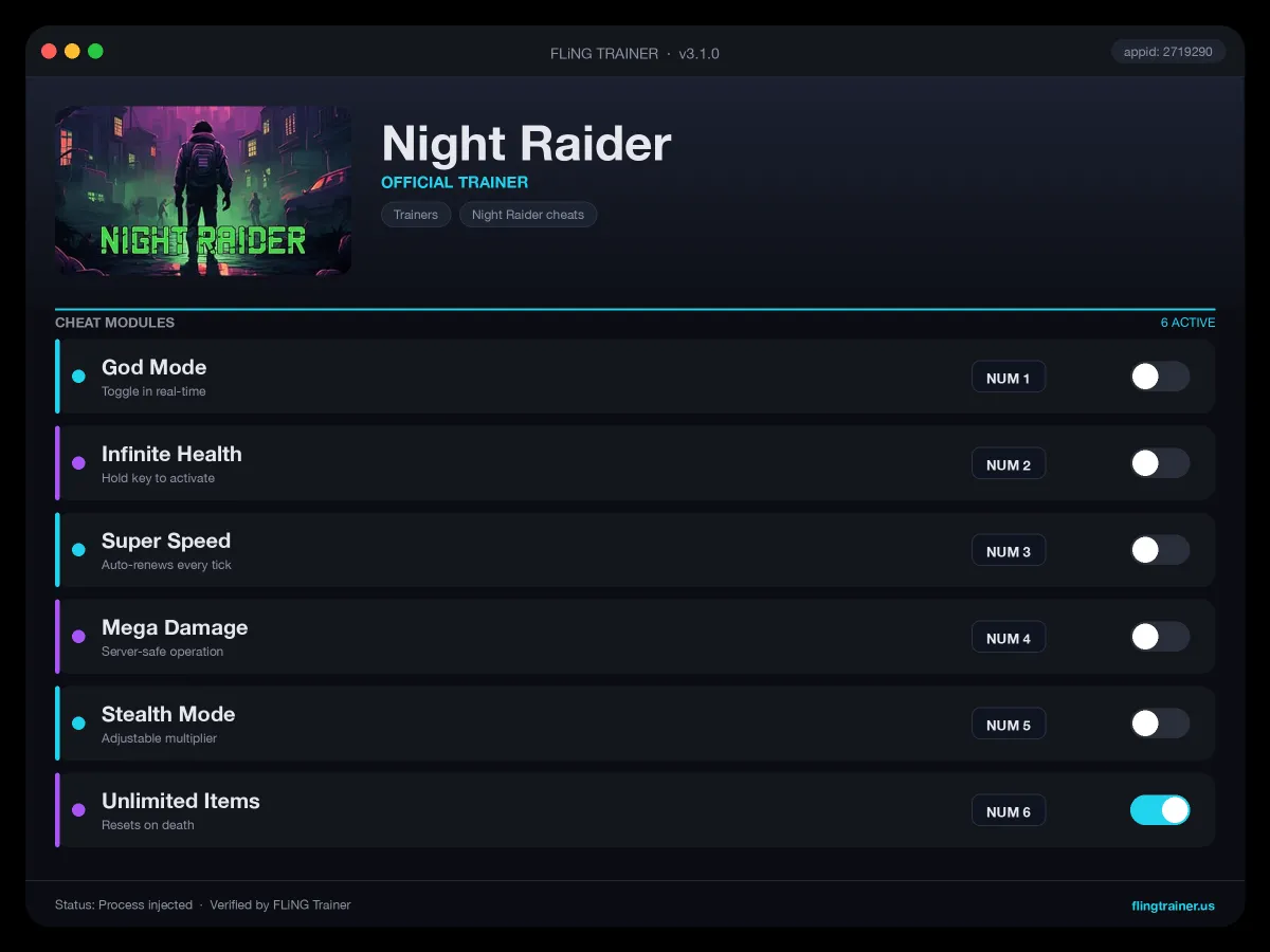 Night Raider Trainer interface