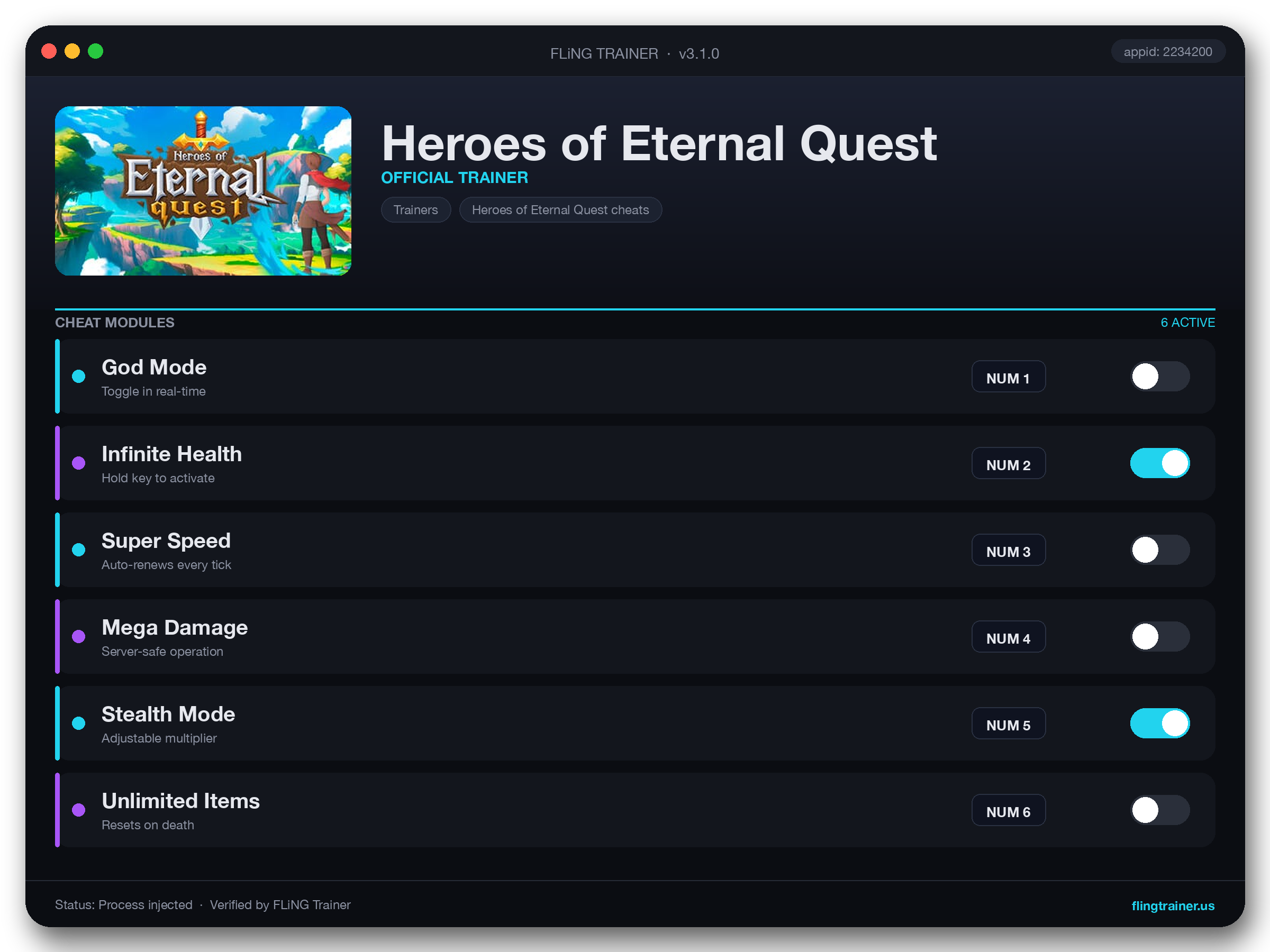 Heroes of Eternal Quest Trainer interface