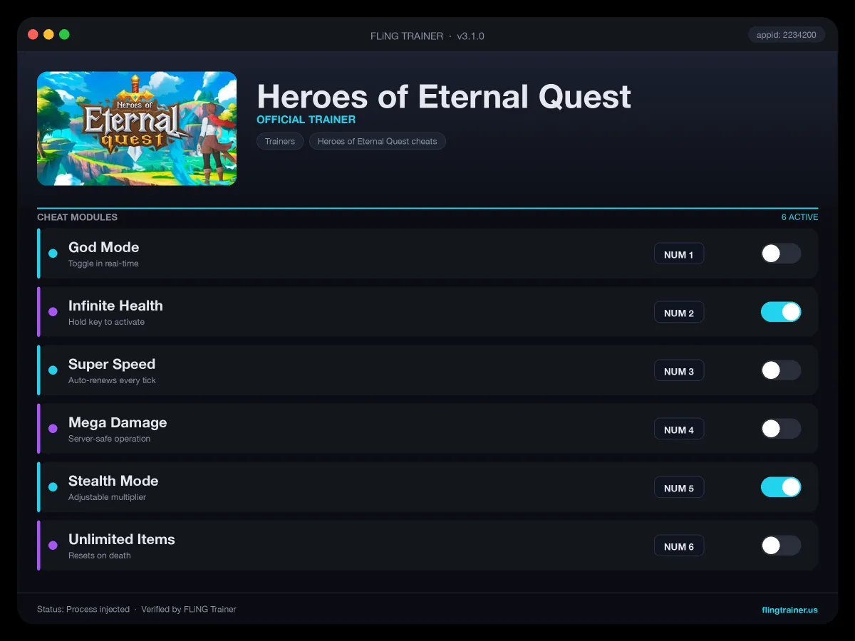 Heroes of Eternal Quest Trainer interface