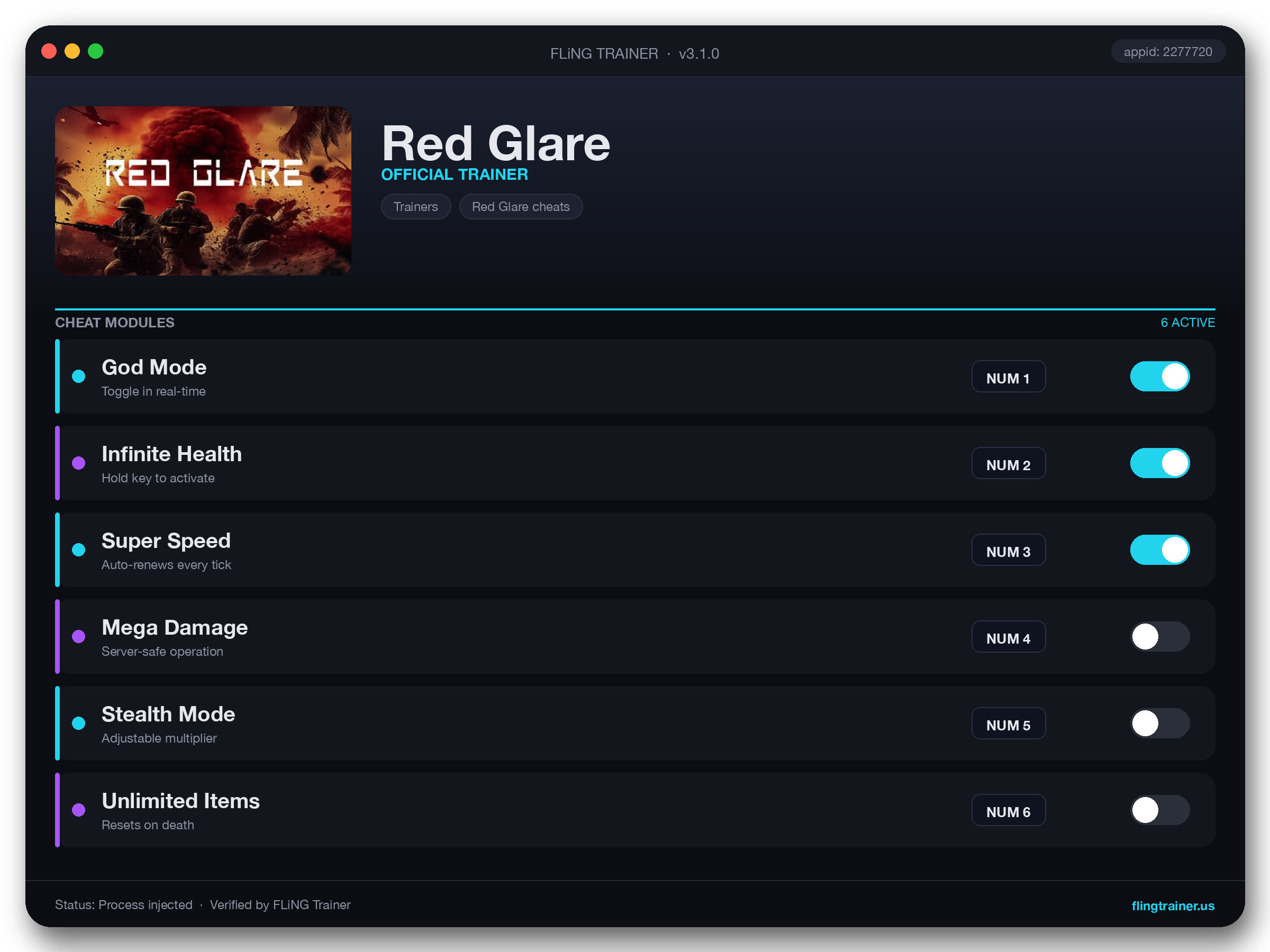 Red Glare Trainer interface