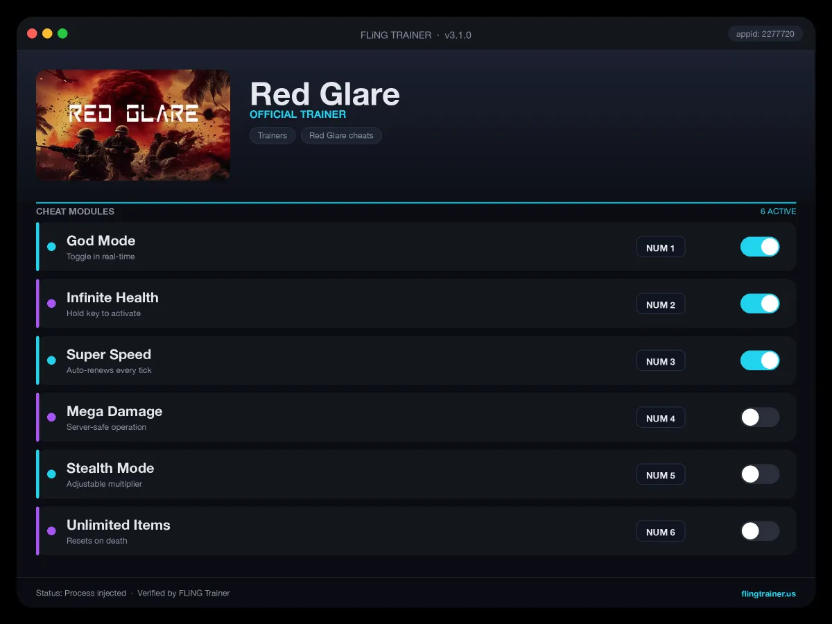 Red Glare Trainer interface