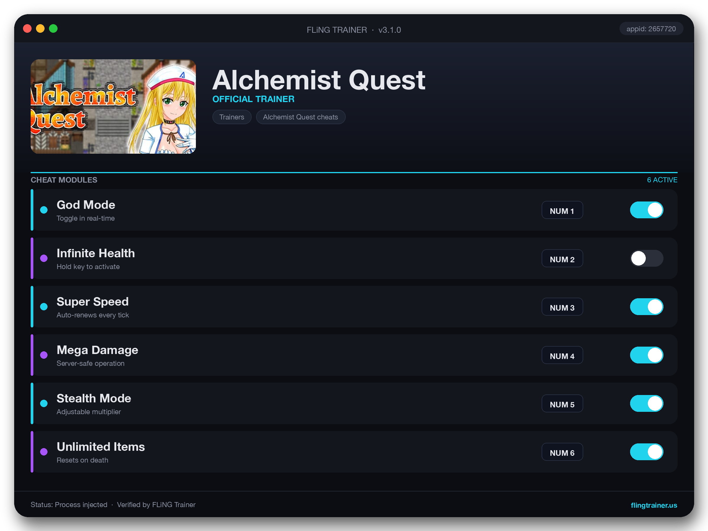 Alchemist Quest Trainer interface