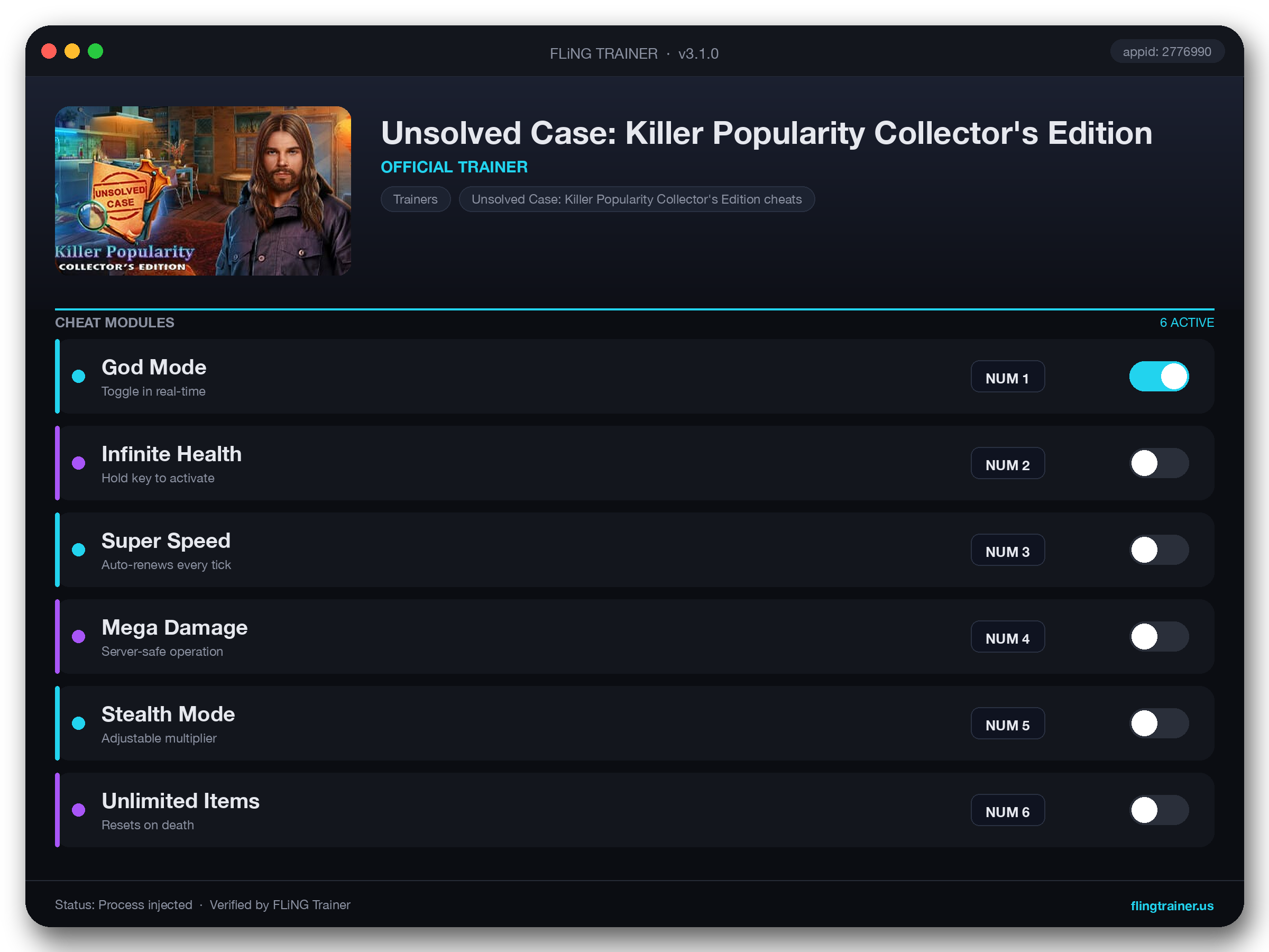 Unsolved Case: Killer Popularity Collector's Edition Trainer interface