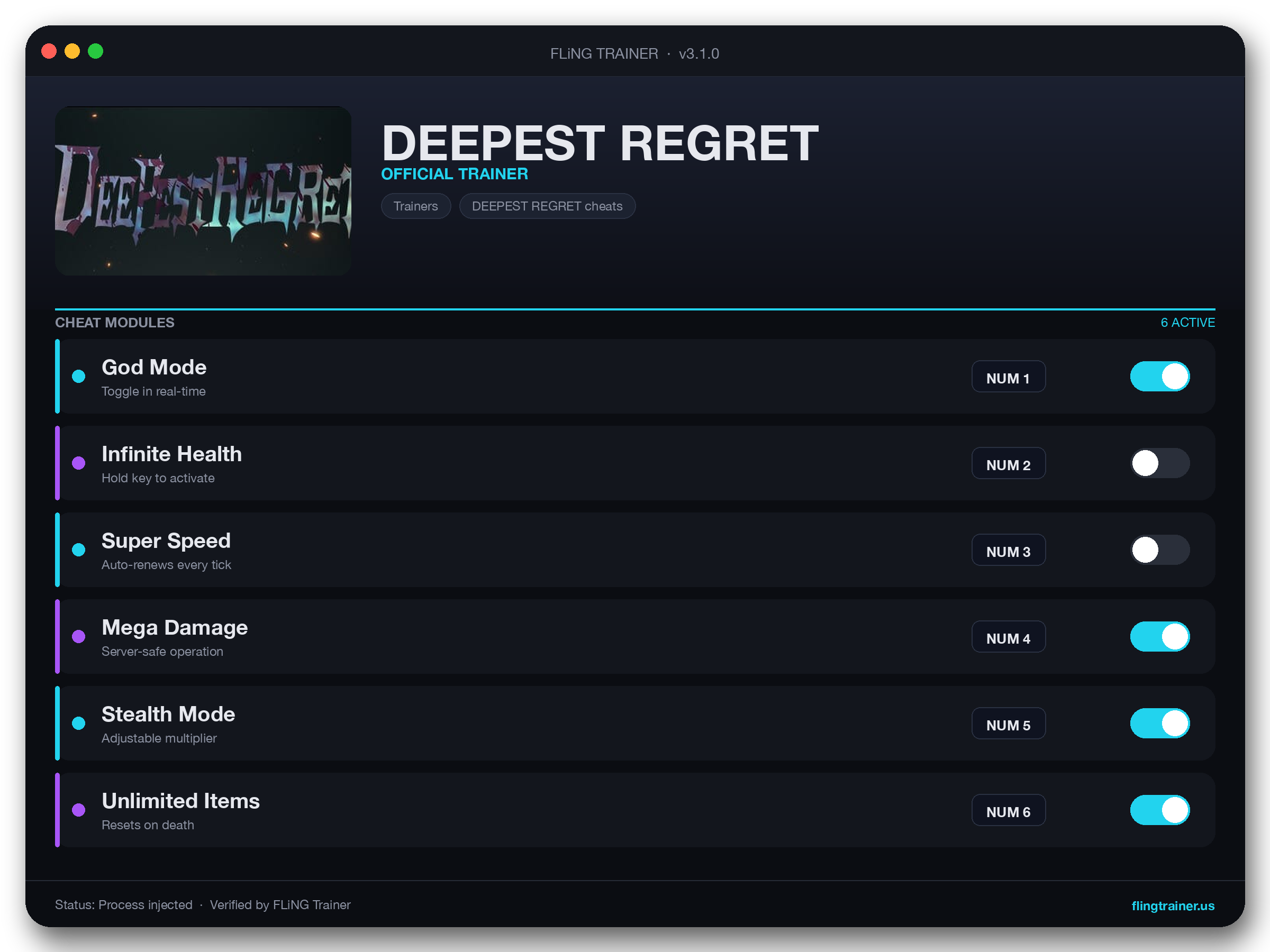DEEPEST REGRET Trainer interface