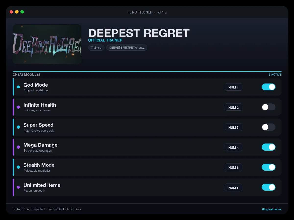 DEEPEST REGRET Trainer interface