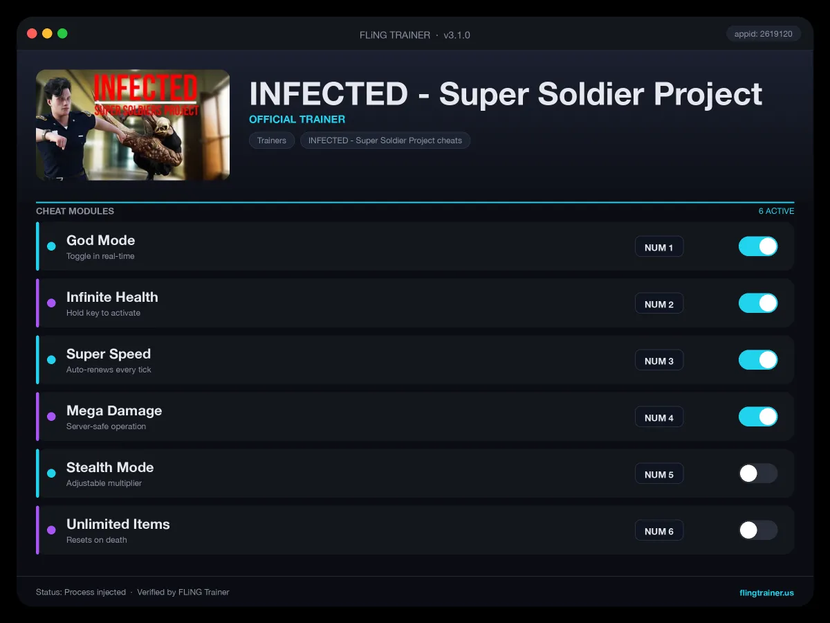 INFECTED - Super Soldier Project Trainer interface