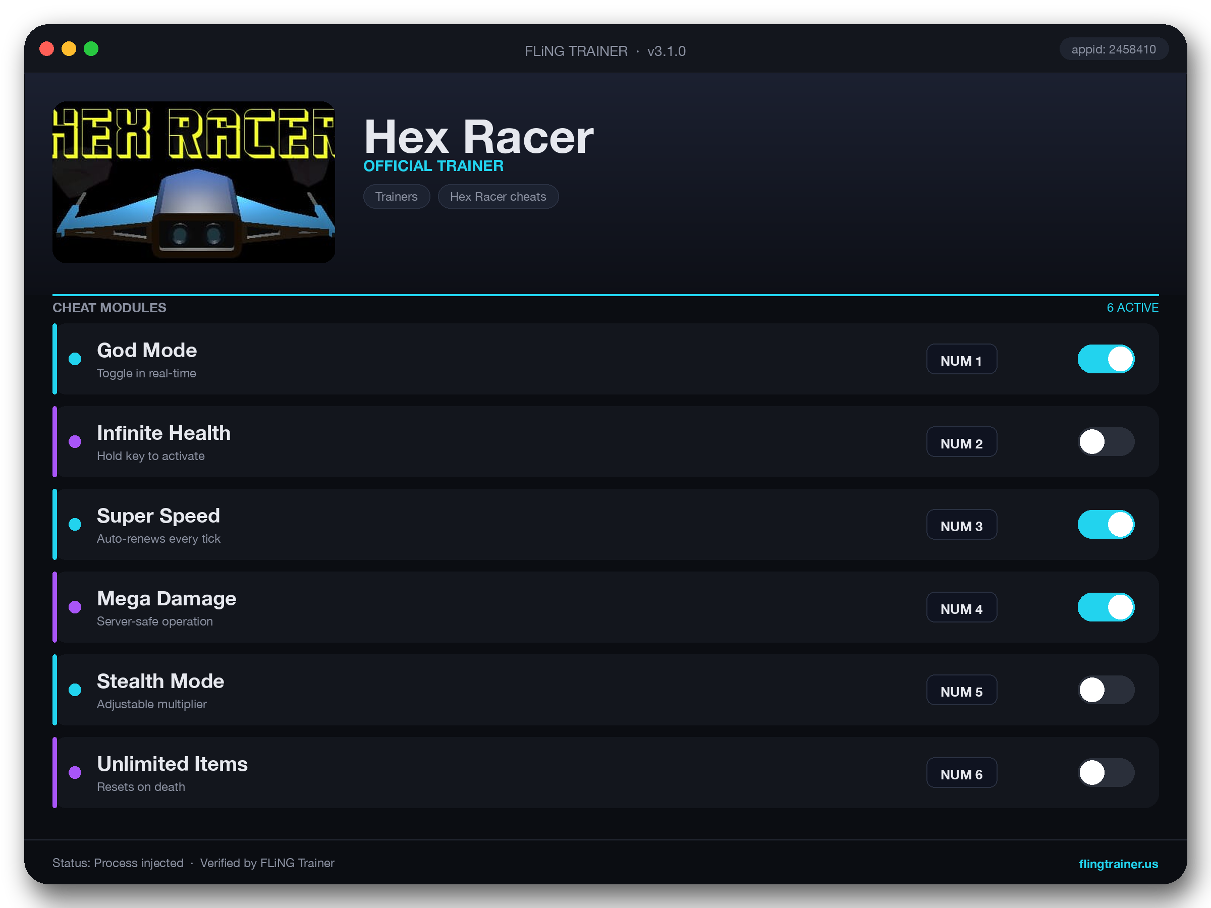 Hex Racer Trainer interface