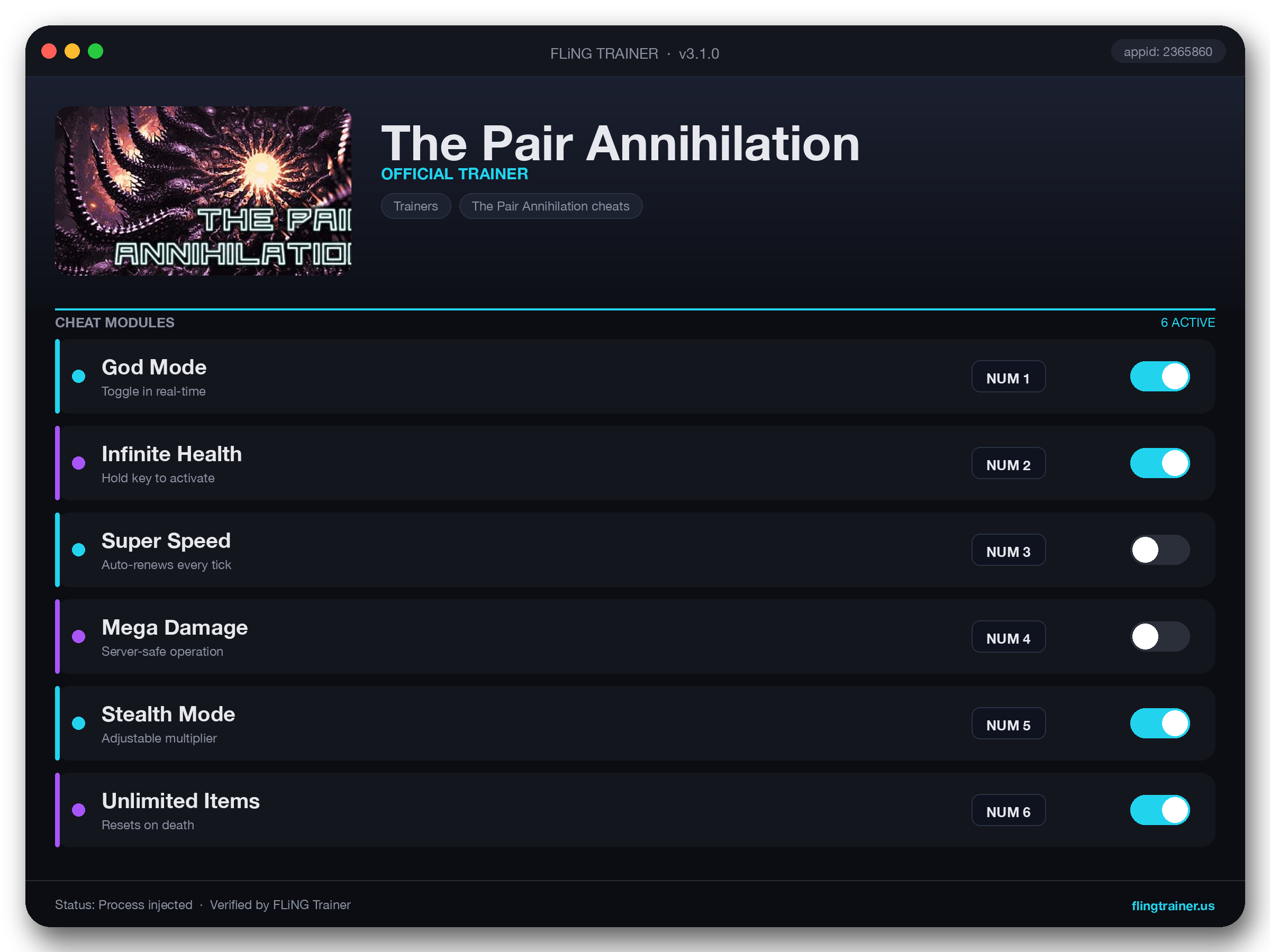 The Pair Annihilation Trainer interface