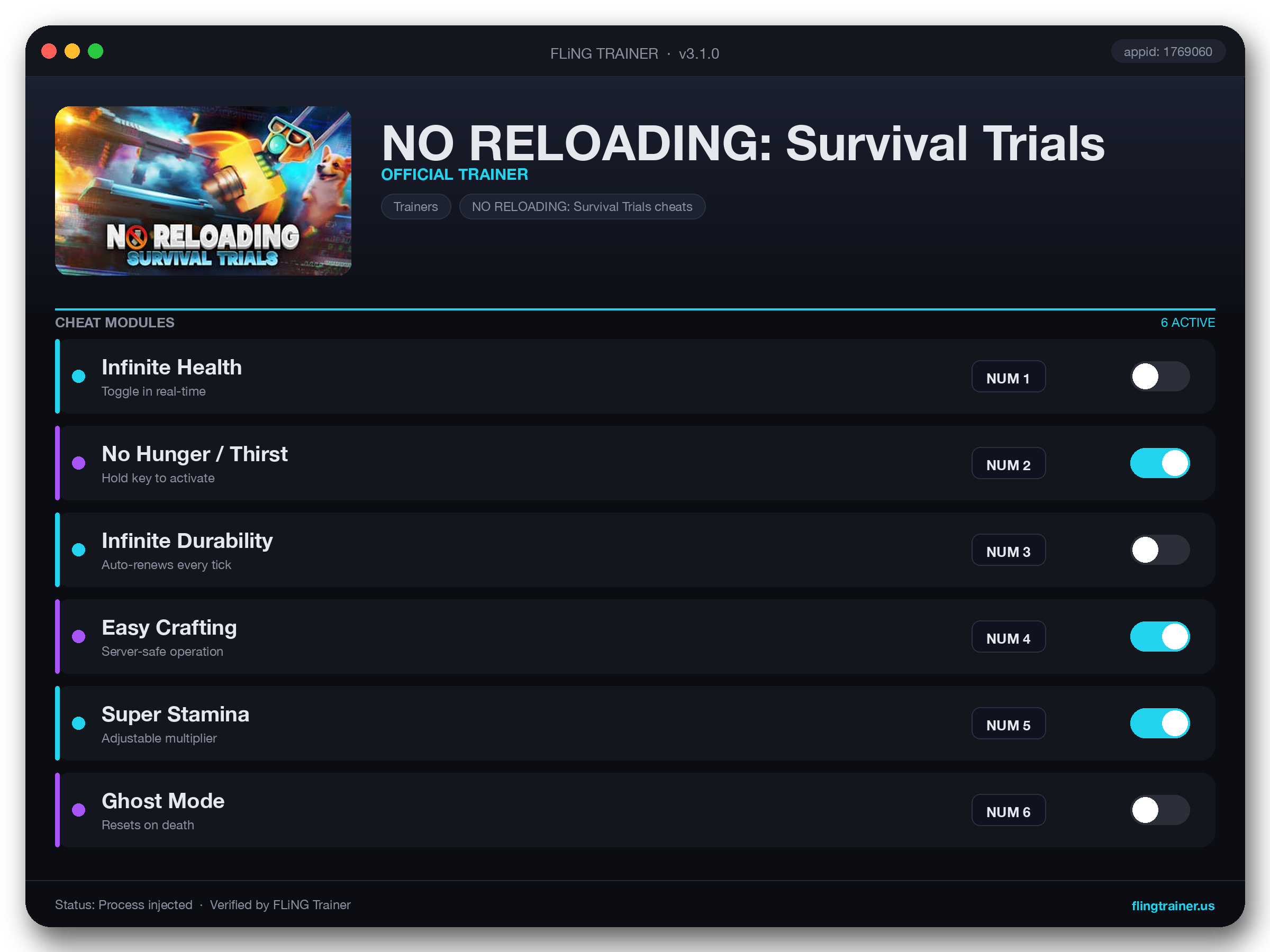 NO RELOADING: Survival Trials Trainer interface