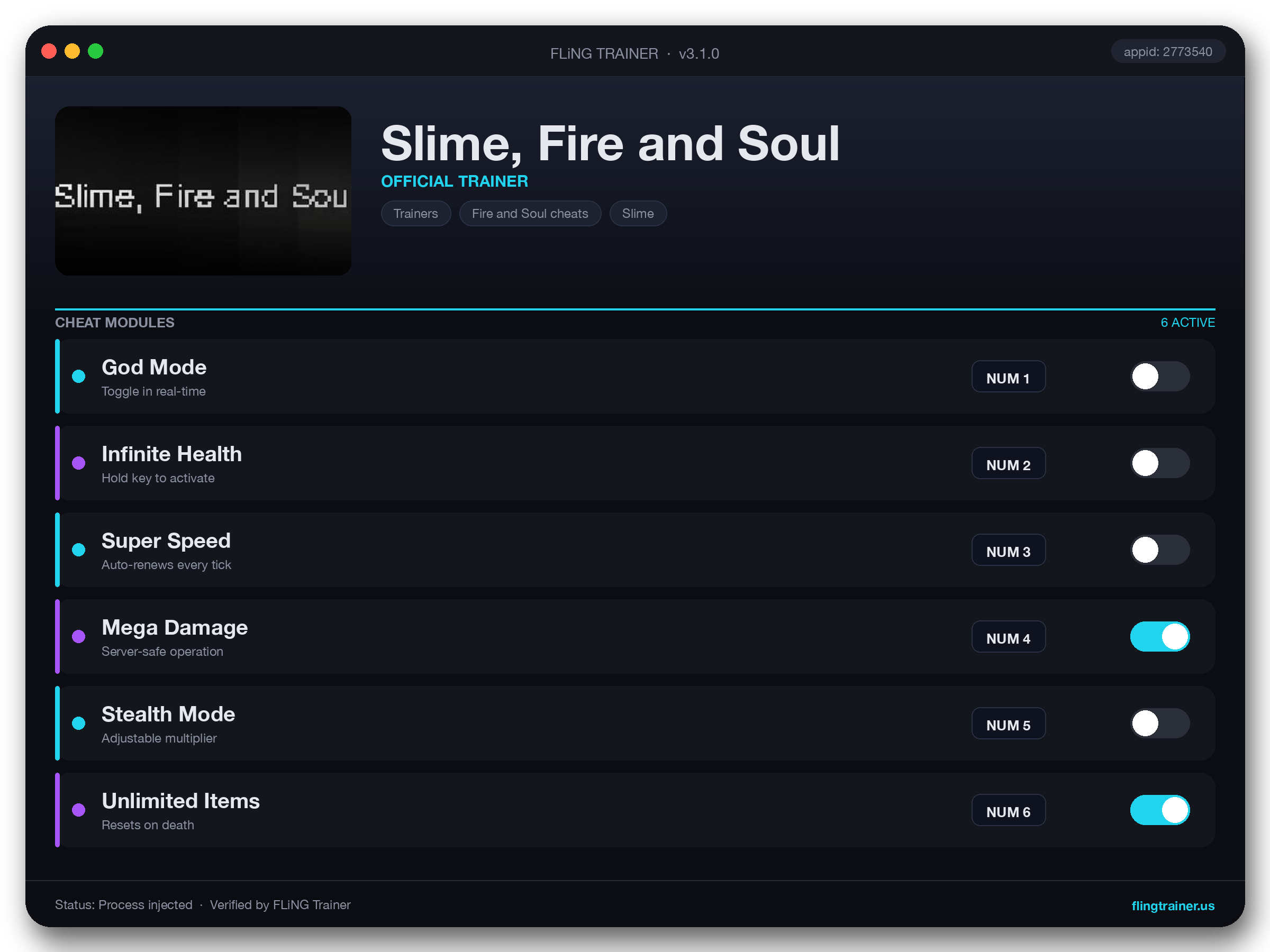Slime, Fire and Soul Trainer interface