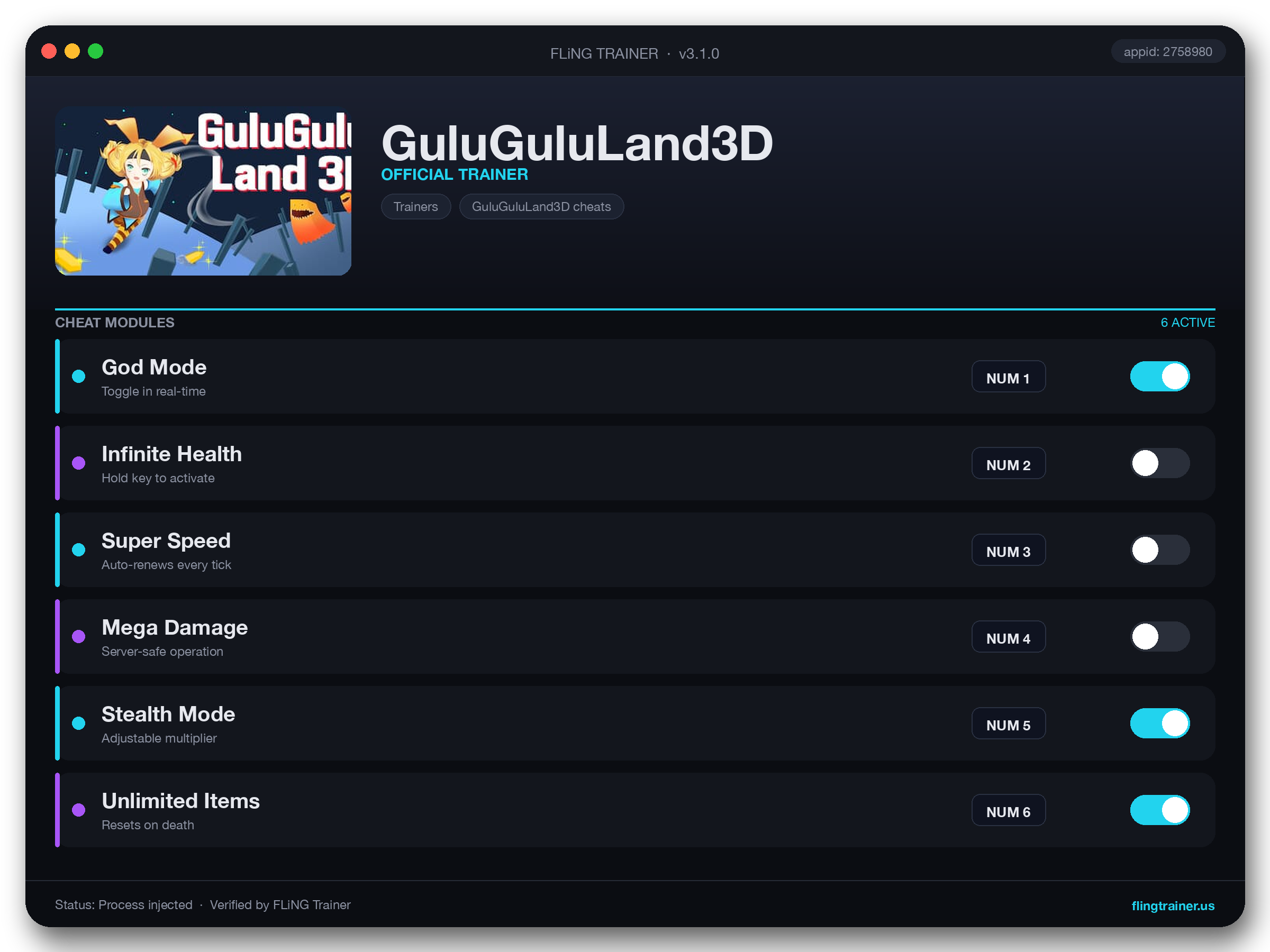 GuluGuluLand3D Trainer interface