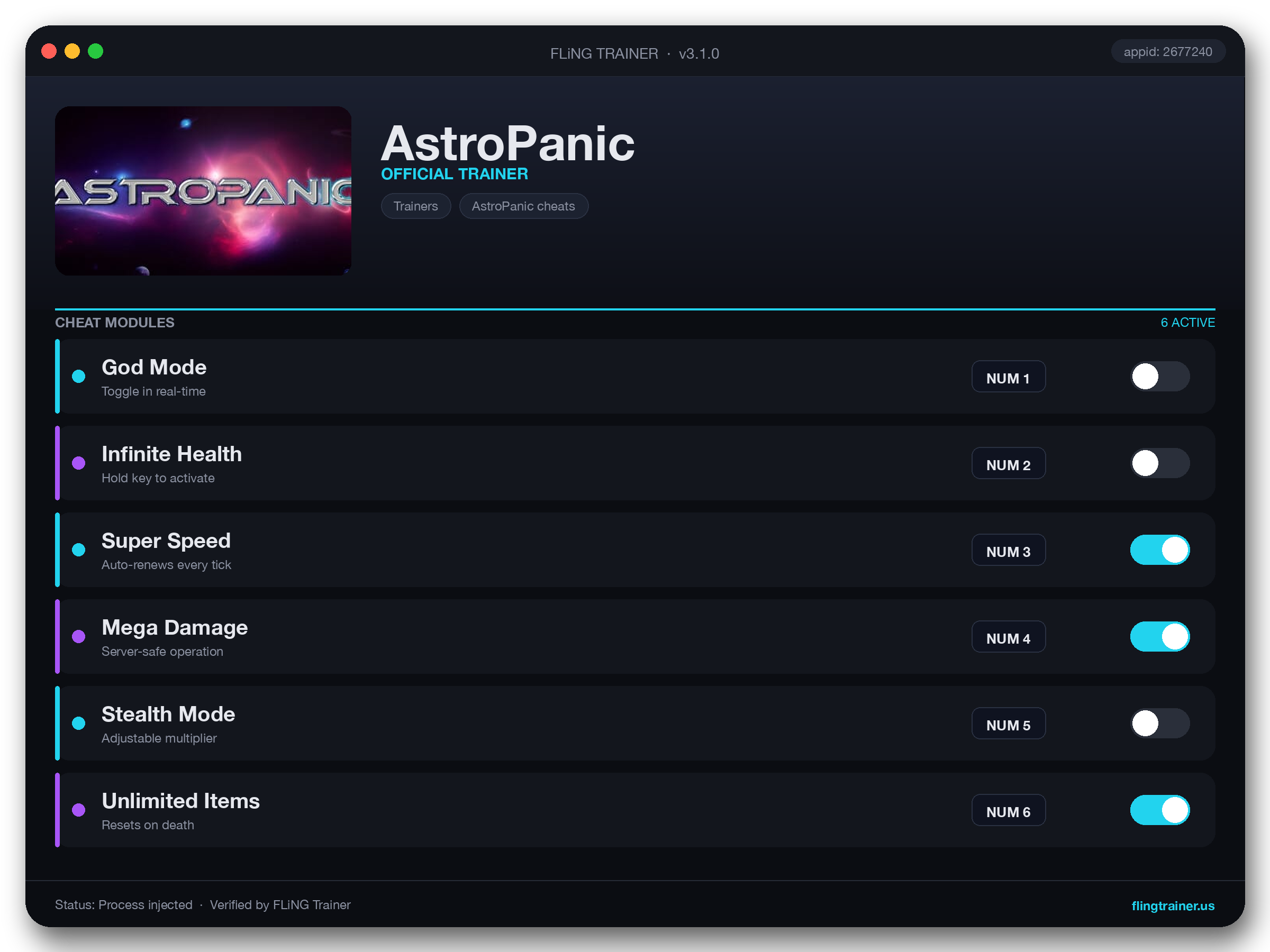AstroPanic Trainer interface