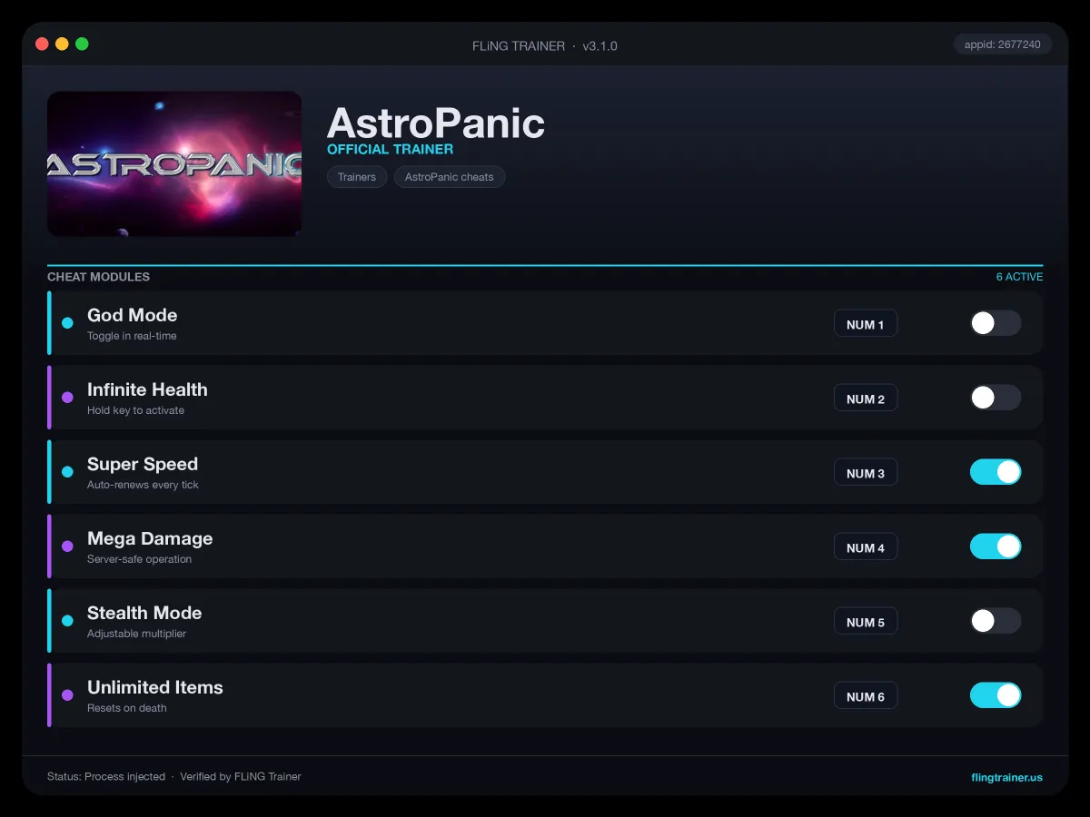 AstroPanic Trainer interface