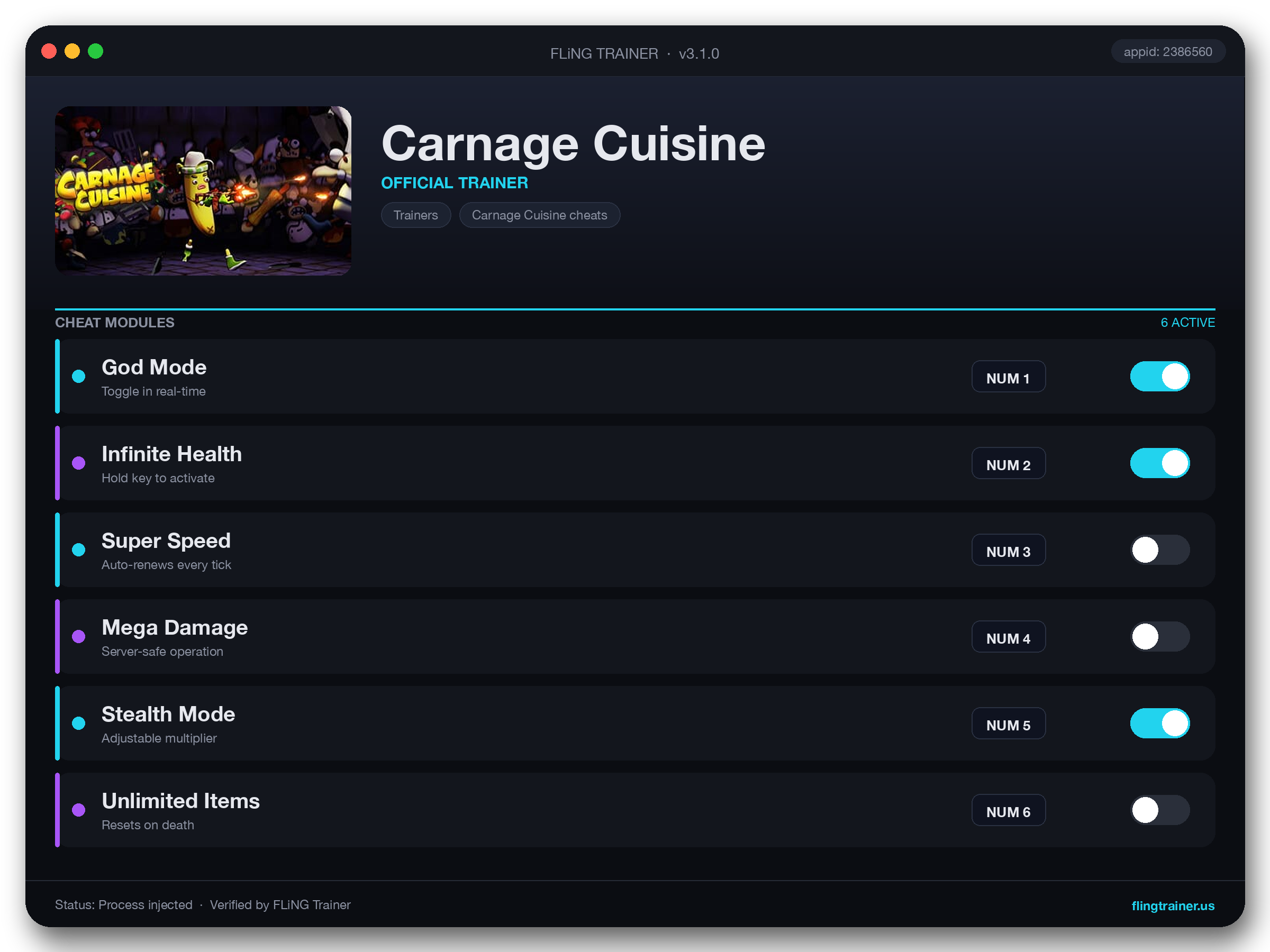 Carnage Cuisine Trainer interface