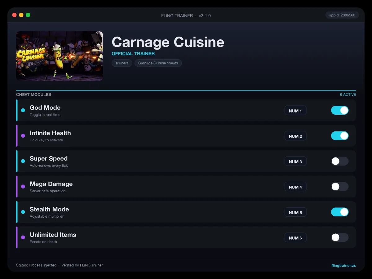 Carnage Cuisine Trainer interface