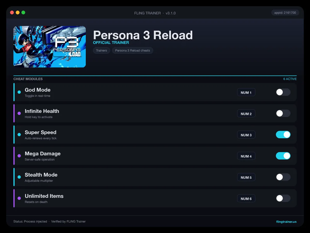 Persona 3 Reload Trainer interface