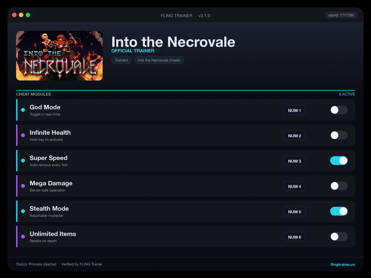 Into the Necrovale Trainer interface