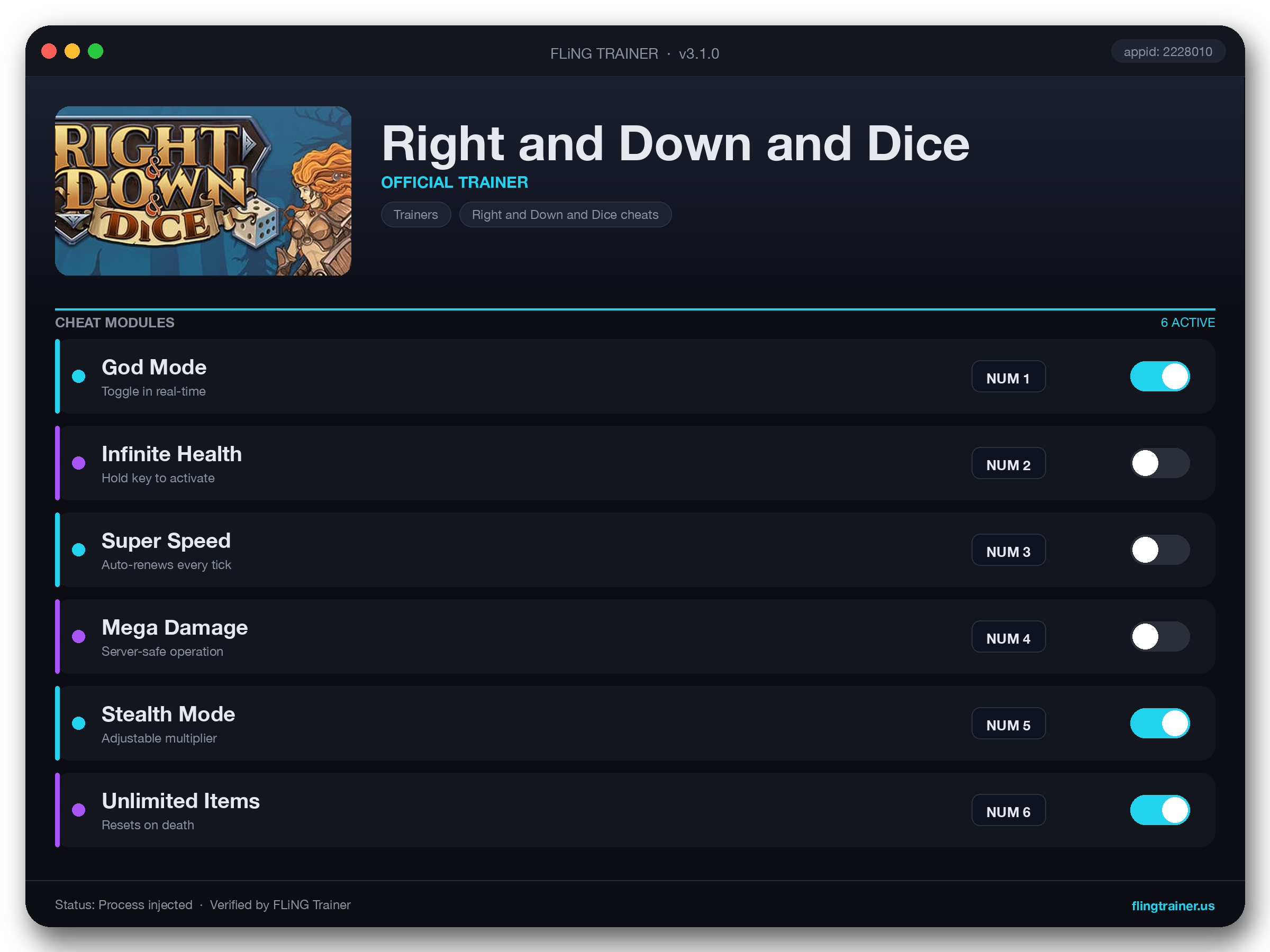 Right and Down and Dice Trainer interface