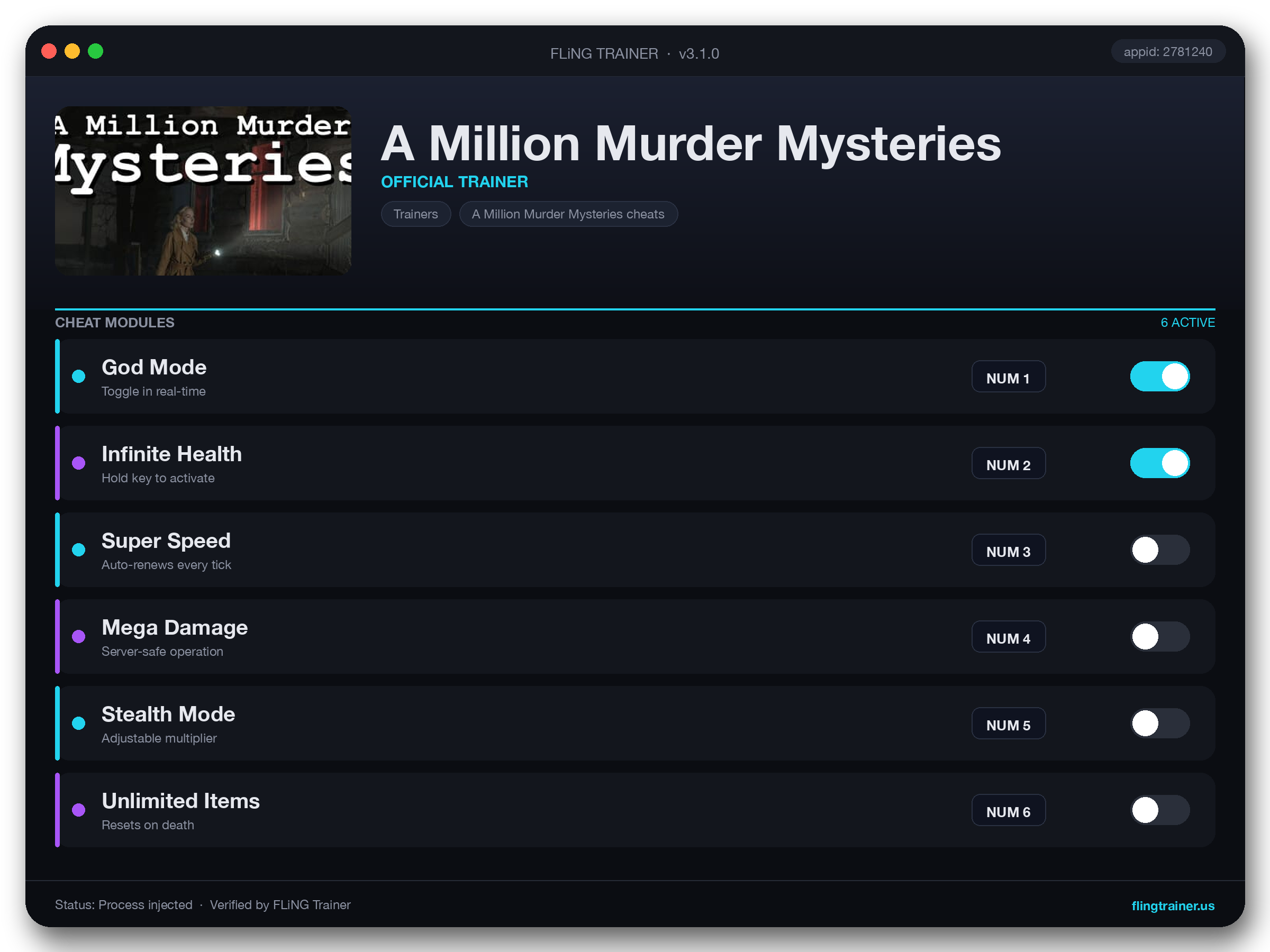A Million Murder Mysteries Trainer interface