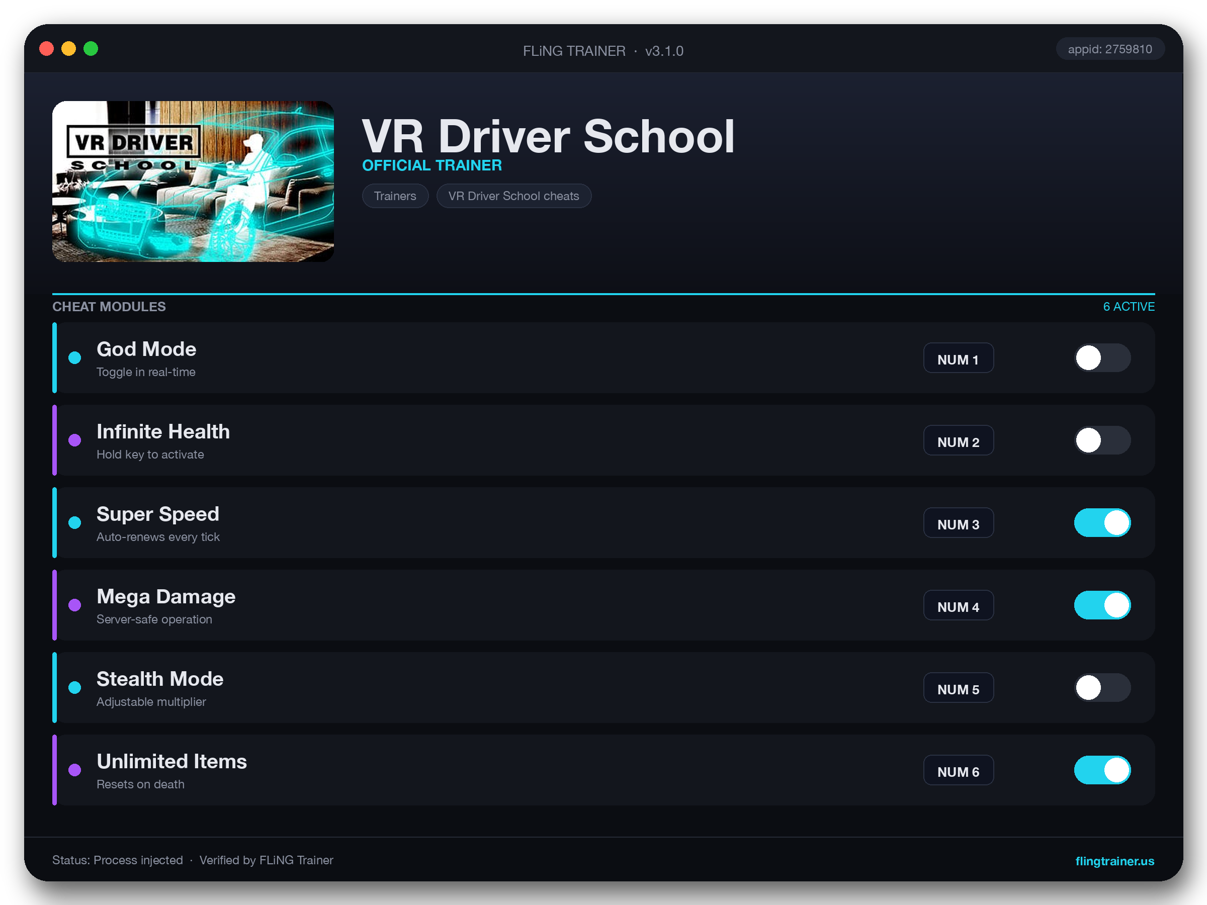 VR Driver School Trainer interface