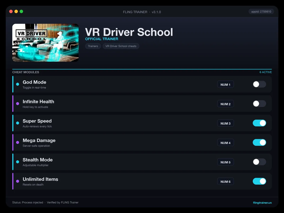 VR Driver School Trainer interface