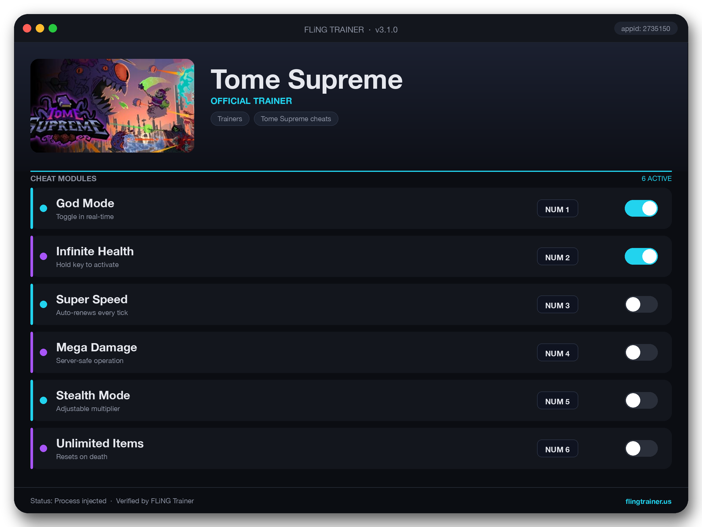 Tome Supreme Trainer interface
