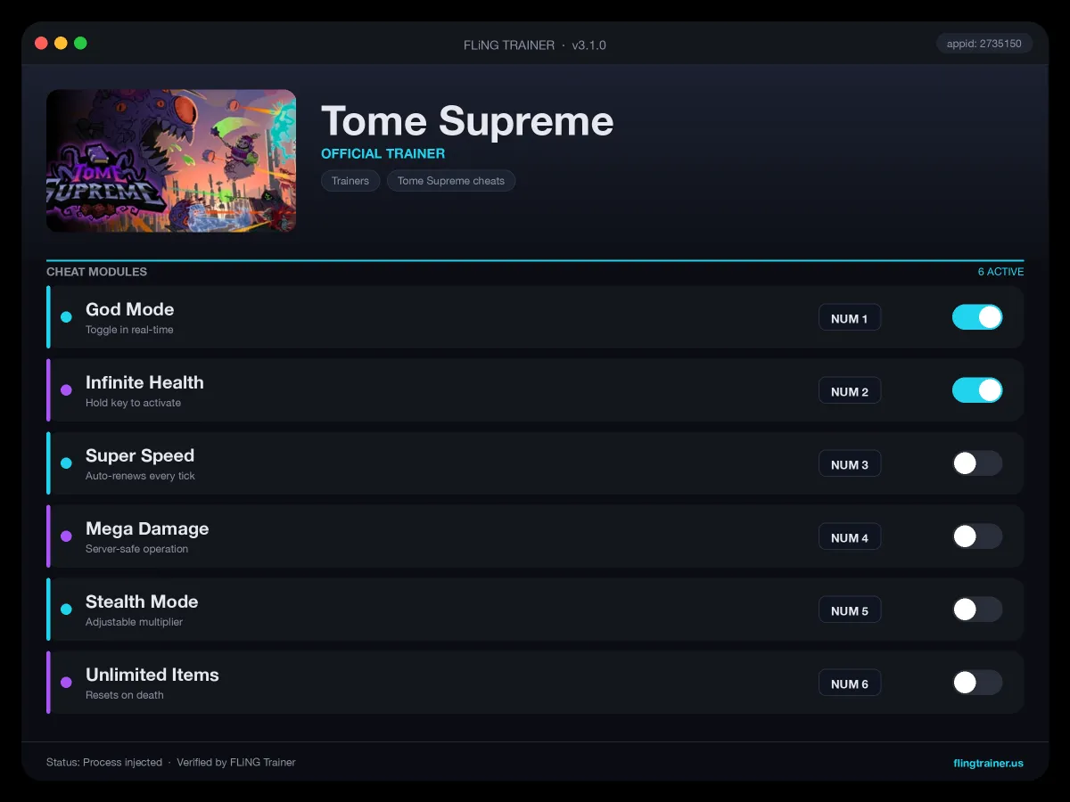 Tome Supreme Trainer interface