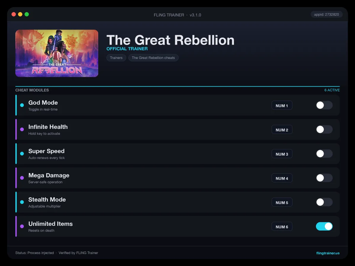 The Great Rebellion Trainer interface