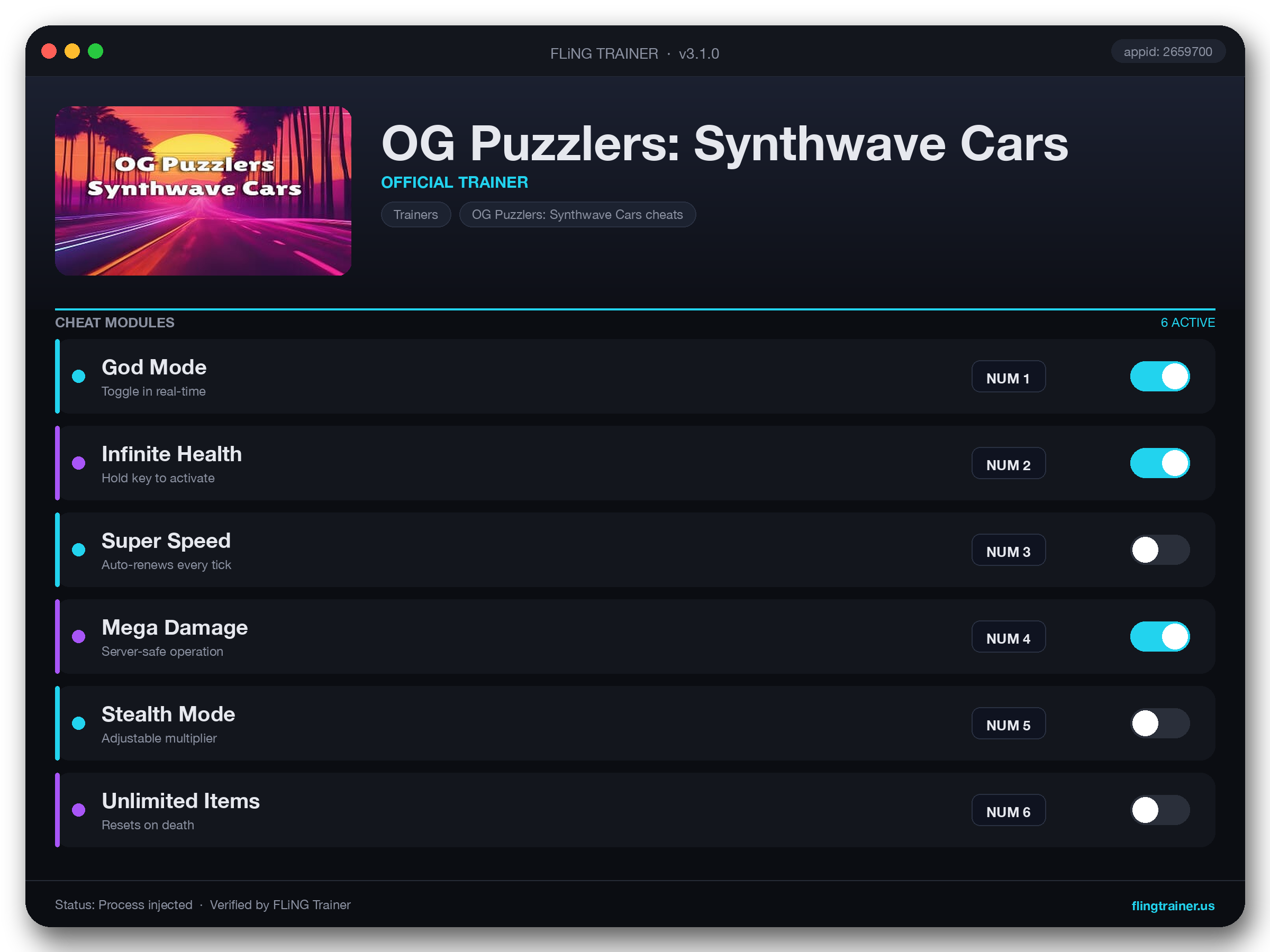 OG Puzzlers: Synthwave Cars Trainer interface
