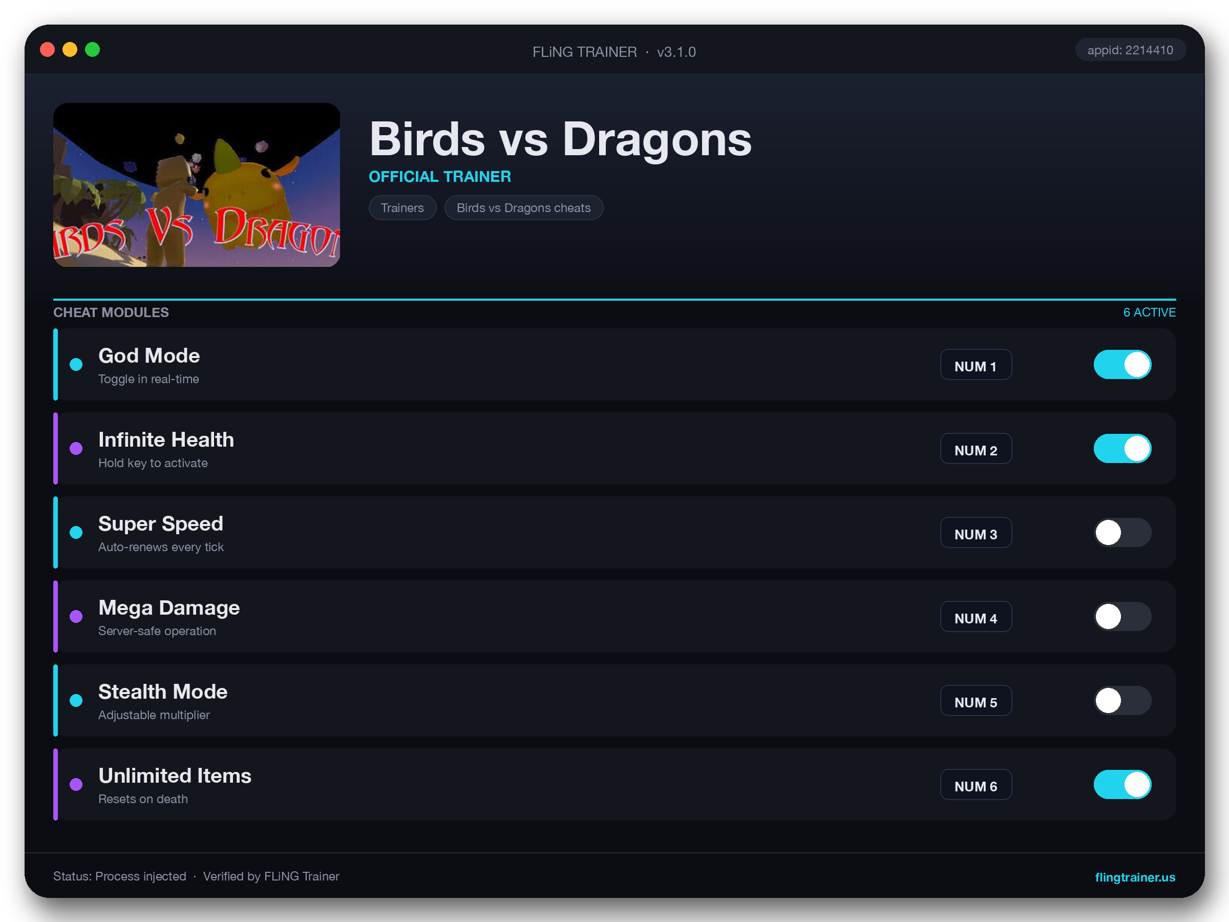 Birds vs Dragons Trainer interface