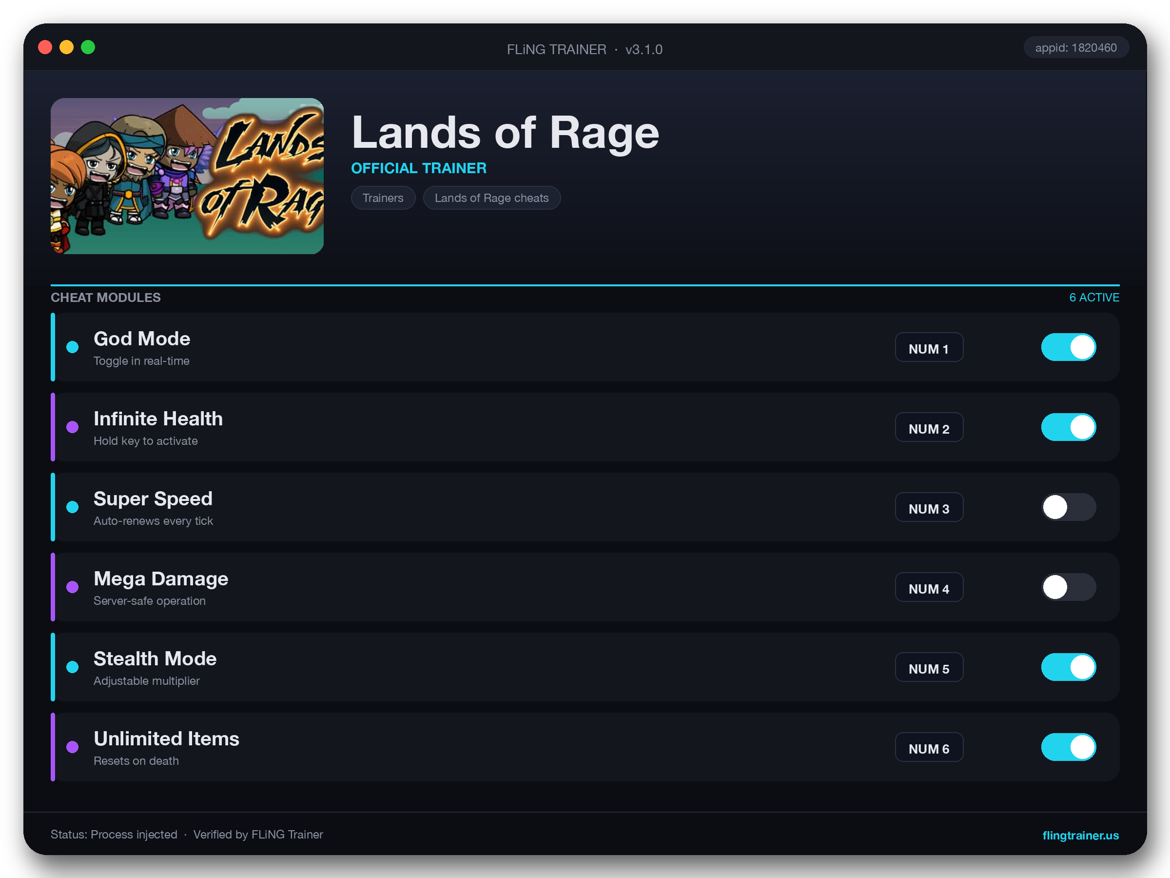 Lands of Rage Trainer interface