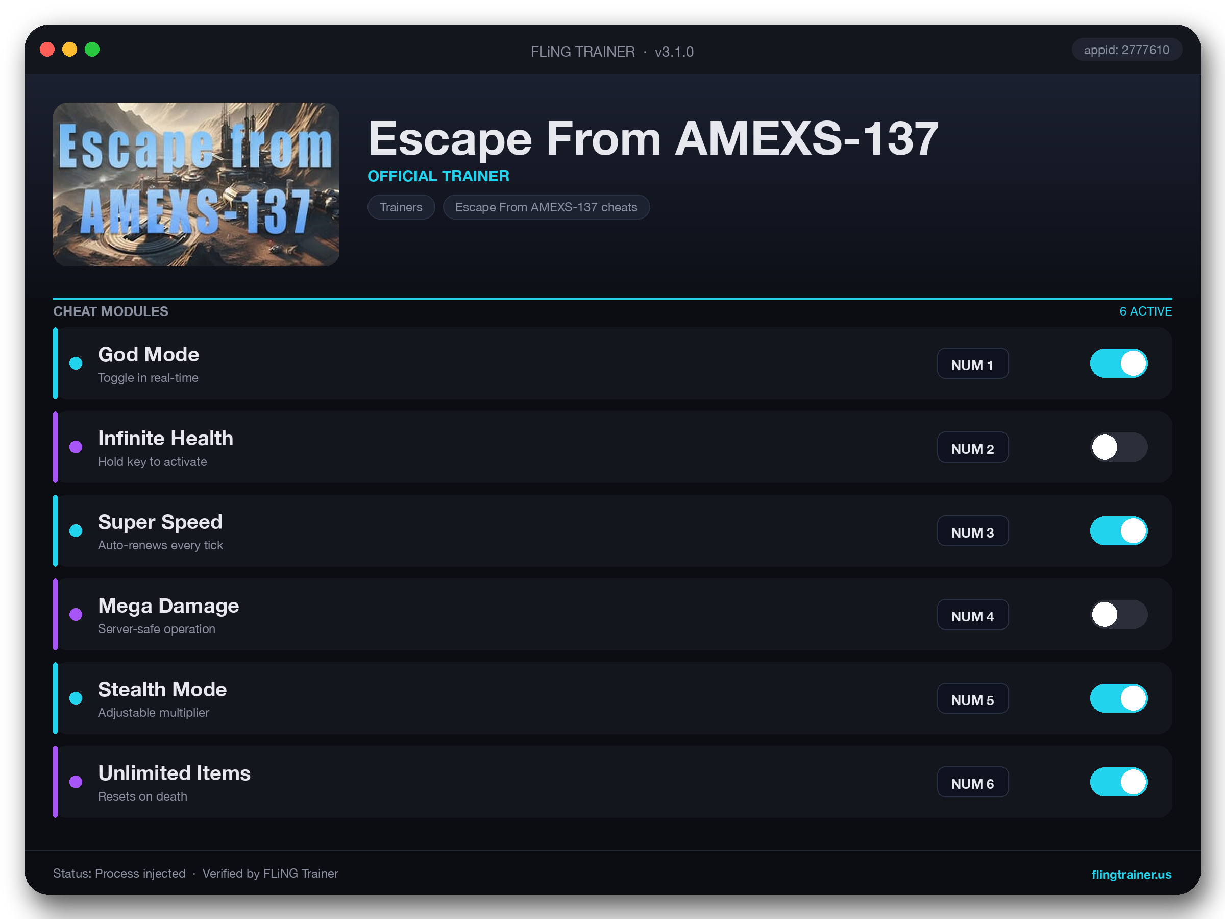 Escape From AMEXS-137 Trainer interface