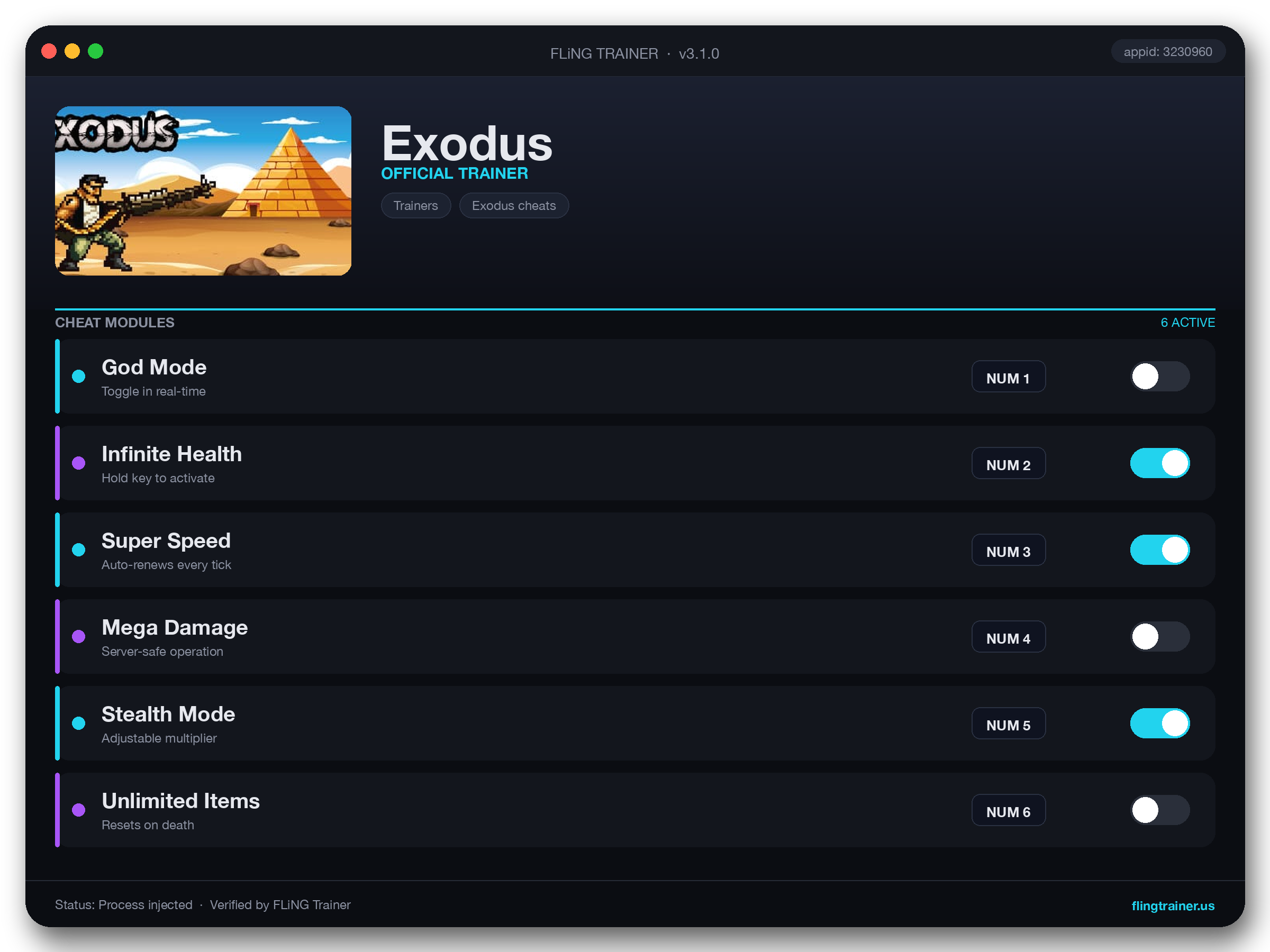 Exodus Trainer interface