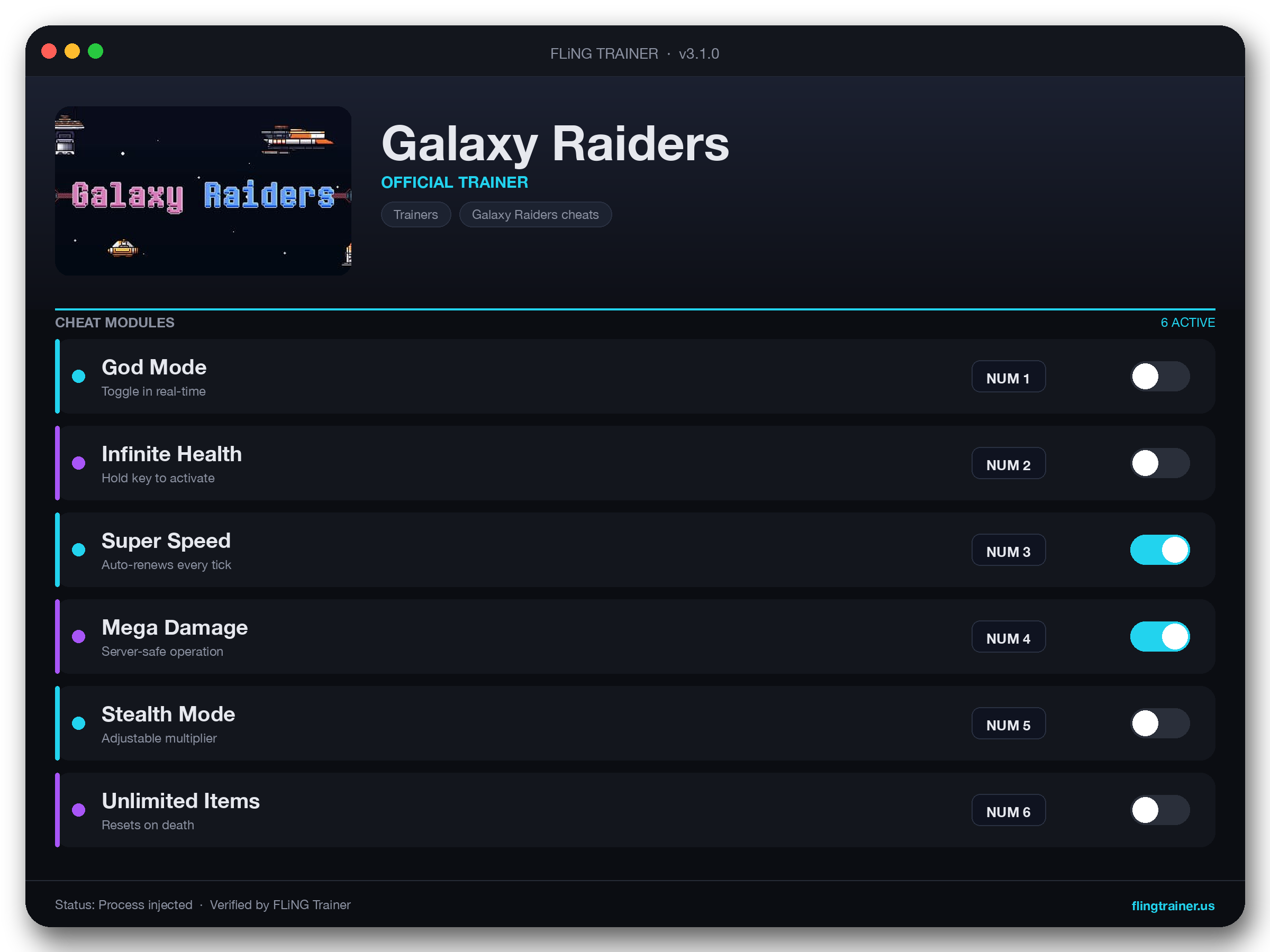 Galaxy Raiders Trainer interface