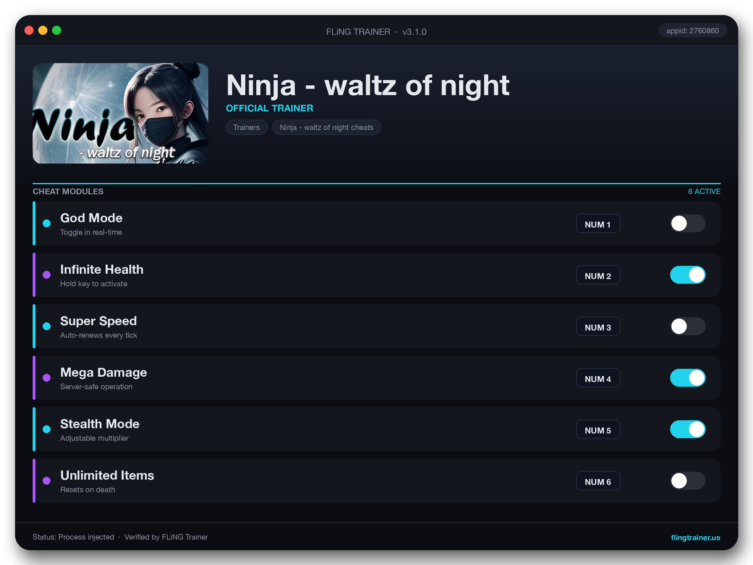 Ninja - waltz of night Trainer interface