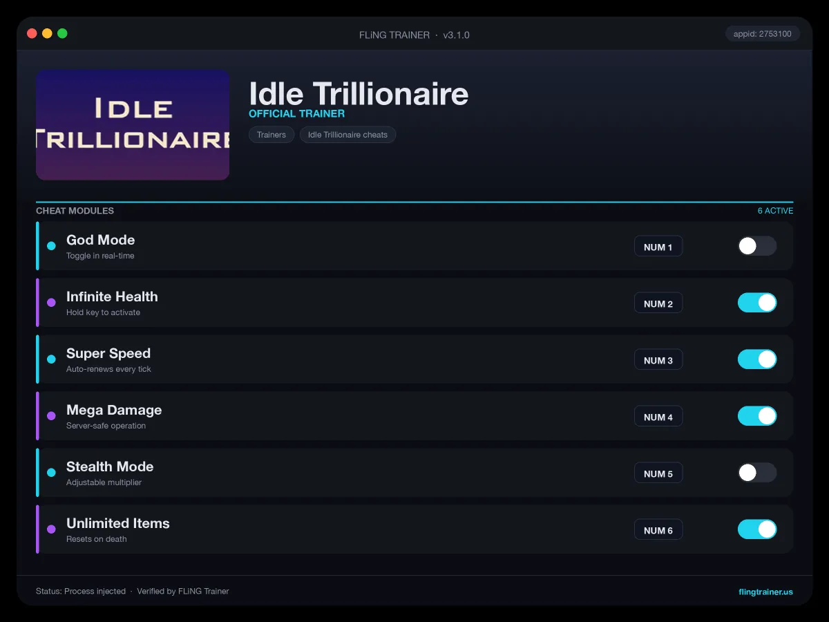 Idle Trillionaire Trainer interface