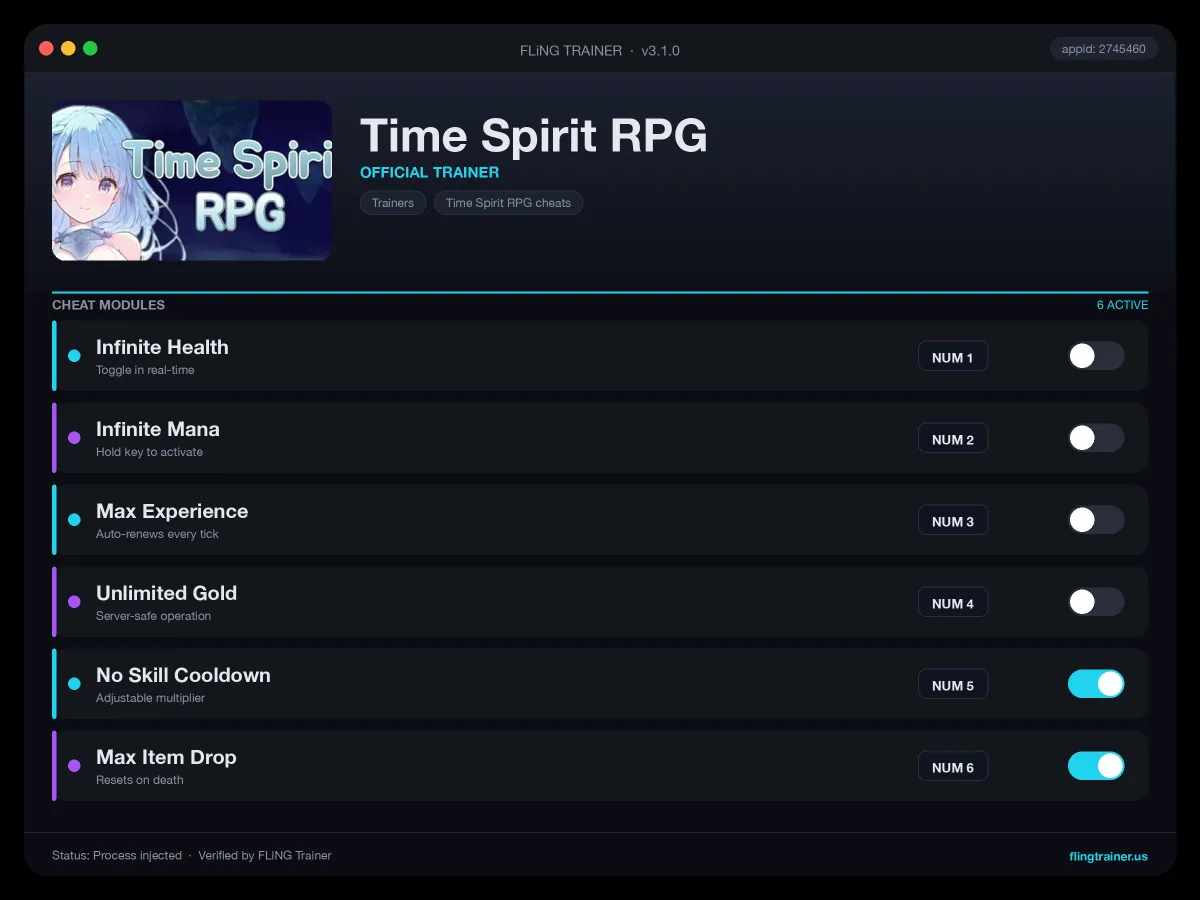 Time Spirit RPG Trainer interface