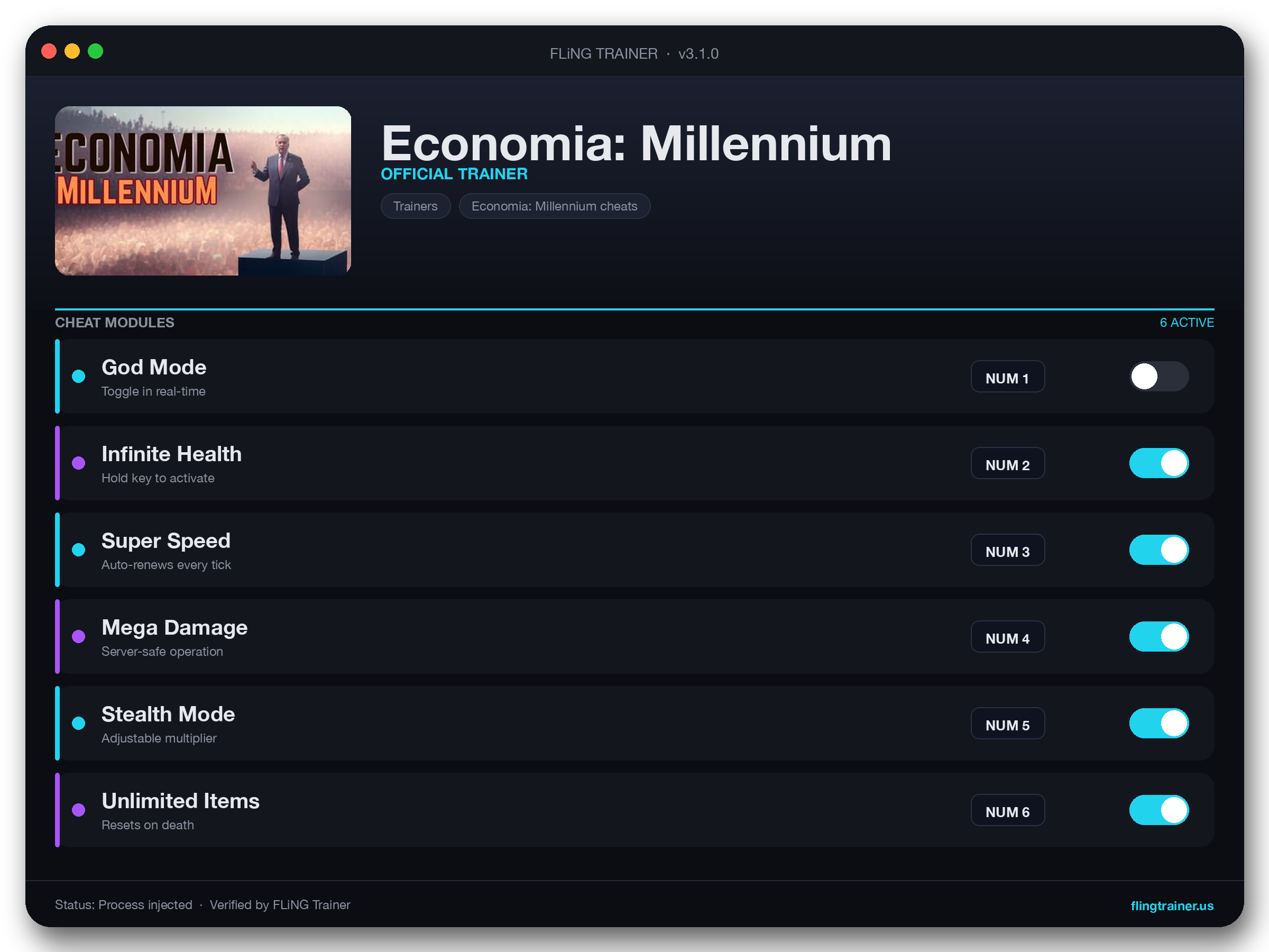 Economia: Millennium Trainer interface