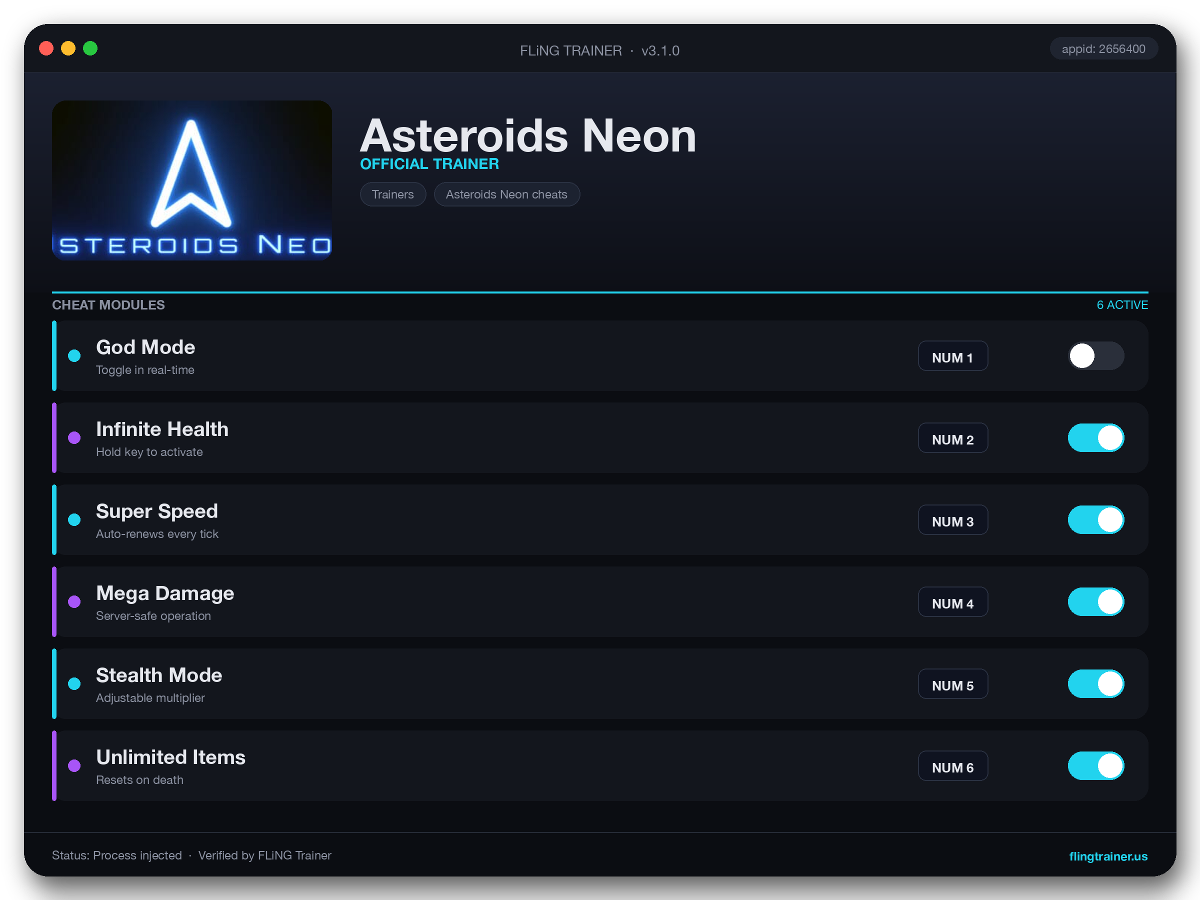 Asteroids Neon Trainer interface